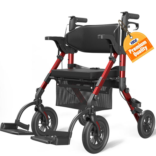 VOCIC Walkers for Seniors, Wheelchairs for Adults, Rollator Walker with Seat, 2 in 1 Rollator Transport Chair with Brakes, Rollator Lightweight Foldable, Walker Wheelchair Combo