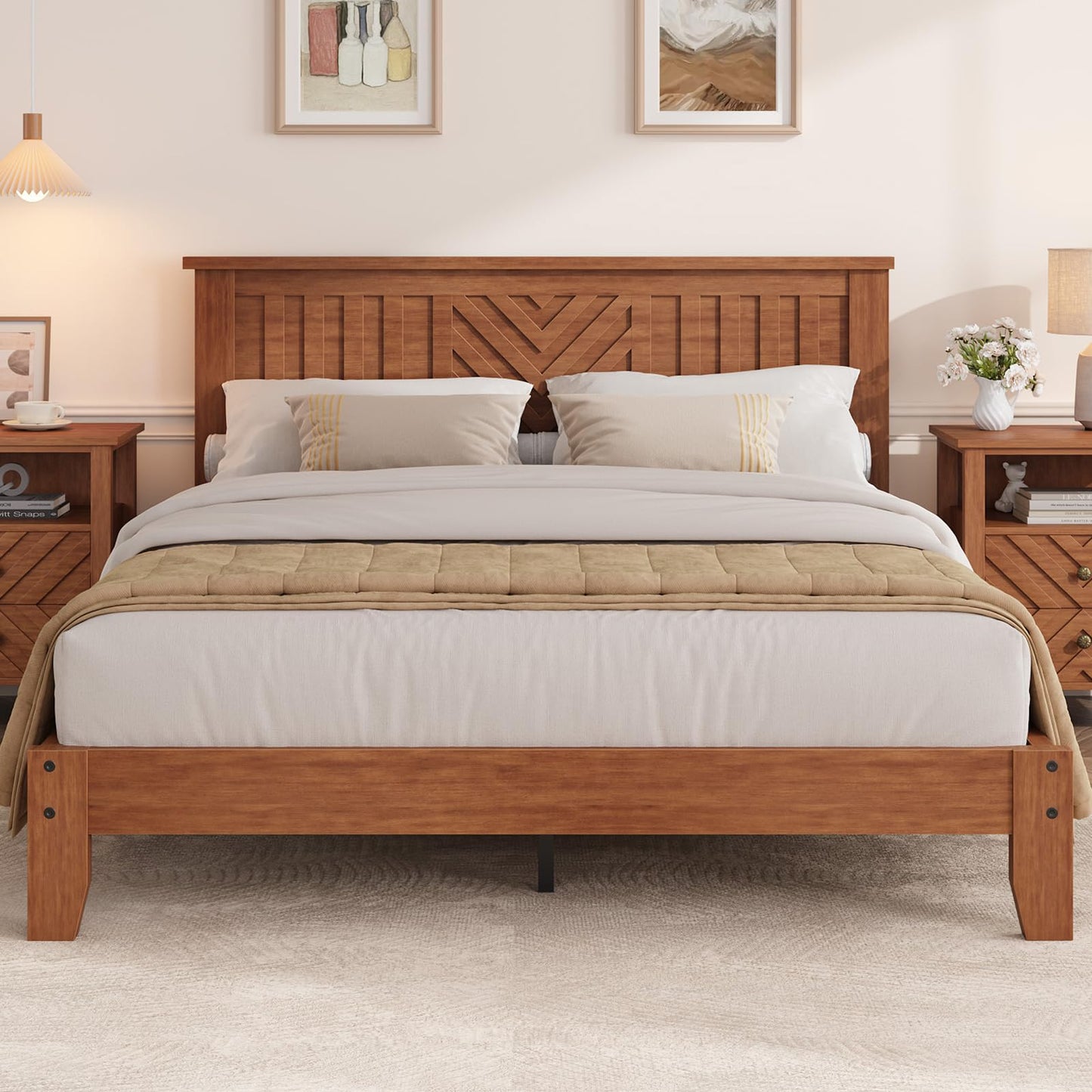 Garvee Queen Wooden Platform Bed Frame with v-Pattern Headboard, Wooden Slat Support, Noise-Free Mattress Foundation, No Box Spring Needed, Easy Assembly,Under-Bed Storage, Light Brown