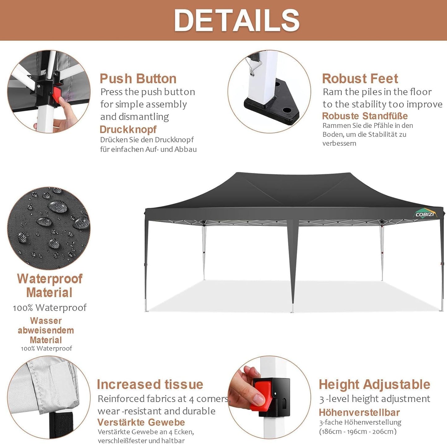 COBIZI 10x20 Pop Up Canopy with 6 Sidewalls,10x20 Canopy Tent Frame Upgraded with 3 Adjustable Heights,Waterproof UV50+ Outdoor Party Commercial Ez Up Gazebos with Carry Bag(10 x 20 ft Black)