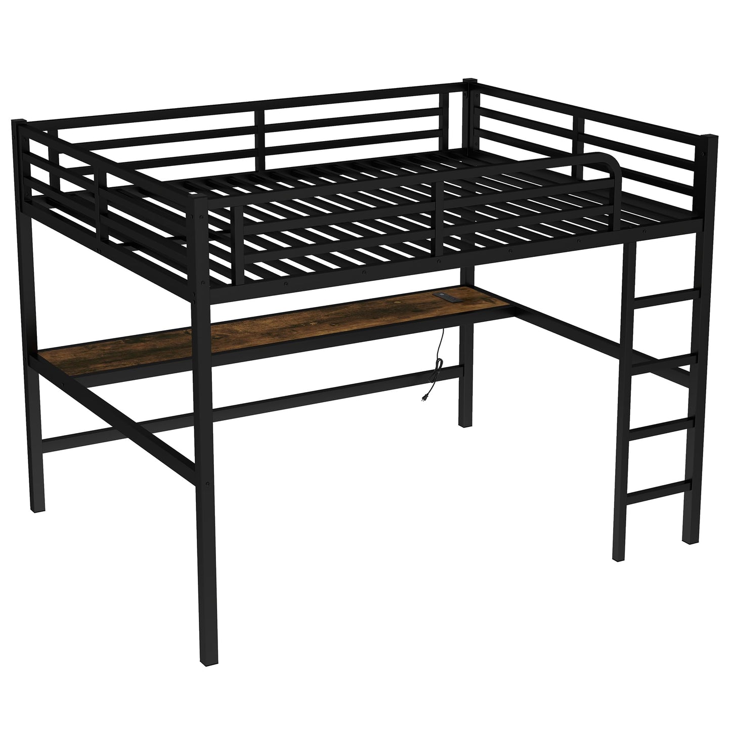 Bellemave Queen Loft Bed with Desk, Metal Queen Size Loft Bed Frame with Built-in Ladder, LED Loft Beds with Charging Station & Safety Guardrails for Kids,Teens, Adults, Black