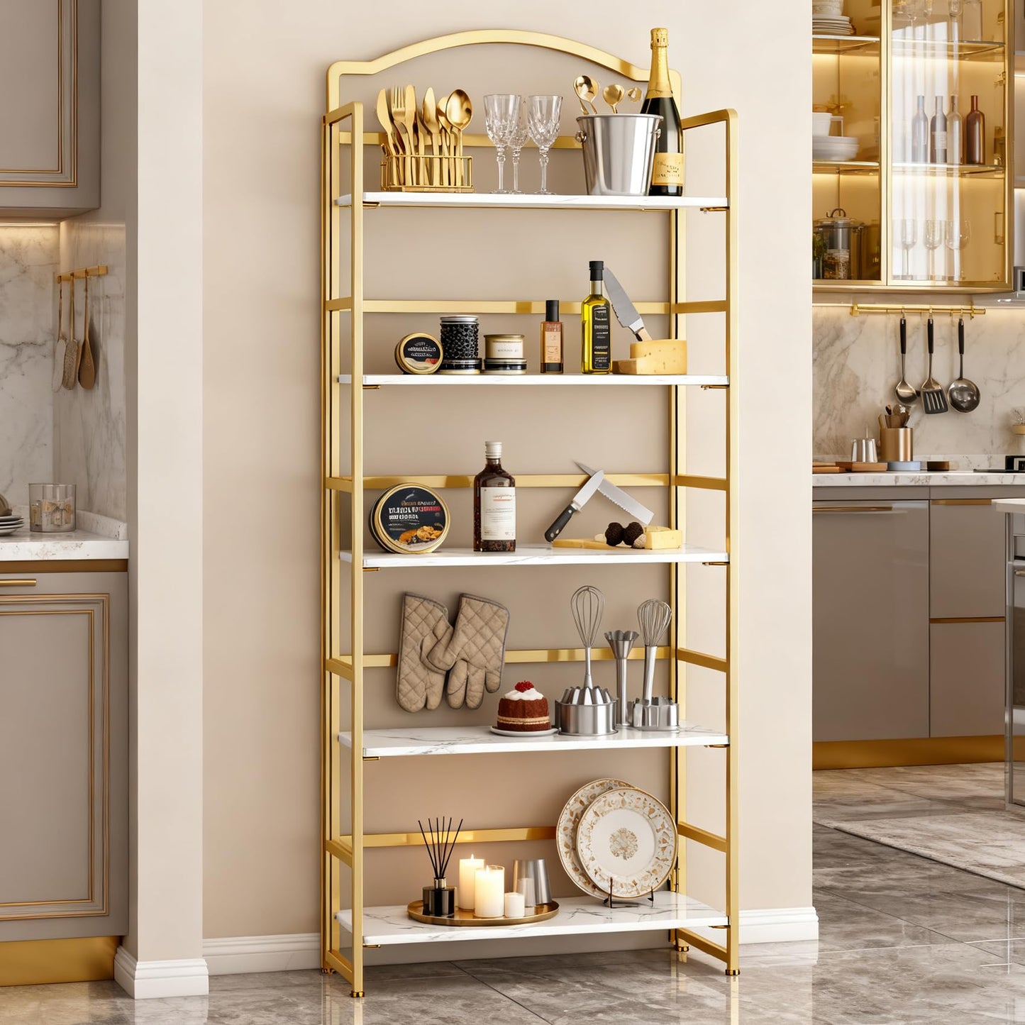 JSB 5 Tier No Assembly Folding Bookshelf, Arched Bookshelf, Foldable Bookcase for Living Room, Bedroom, Office,Skinny Bookshelf (White and Gold)