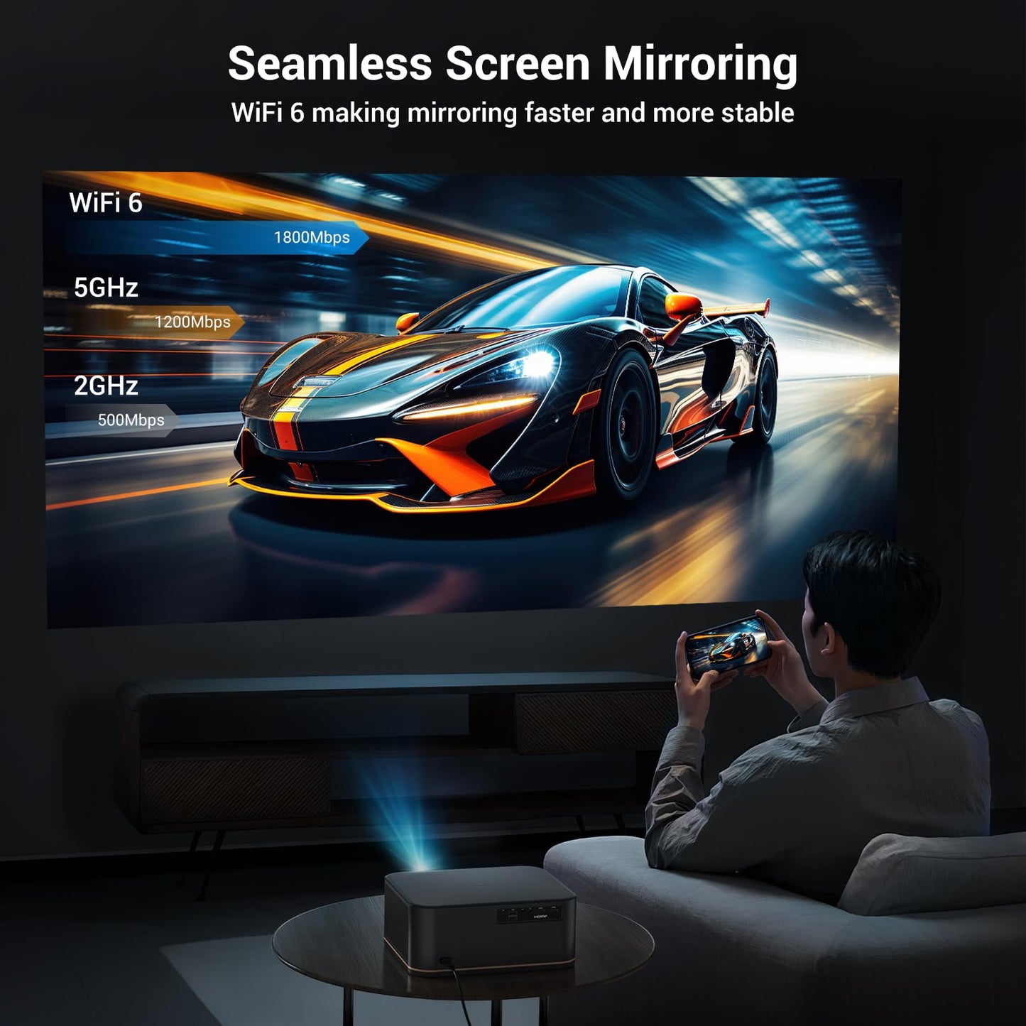2000 ANSI 4K Decoding Projector with WiFi and Bluetooth, HAPPRUN Movie Home Theater with Auto Focus, 300'' Display for Indoor/Outdoor, Smart Proyector Compatible with Phone/TV Stick/PC/PS5