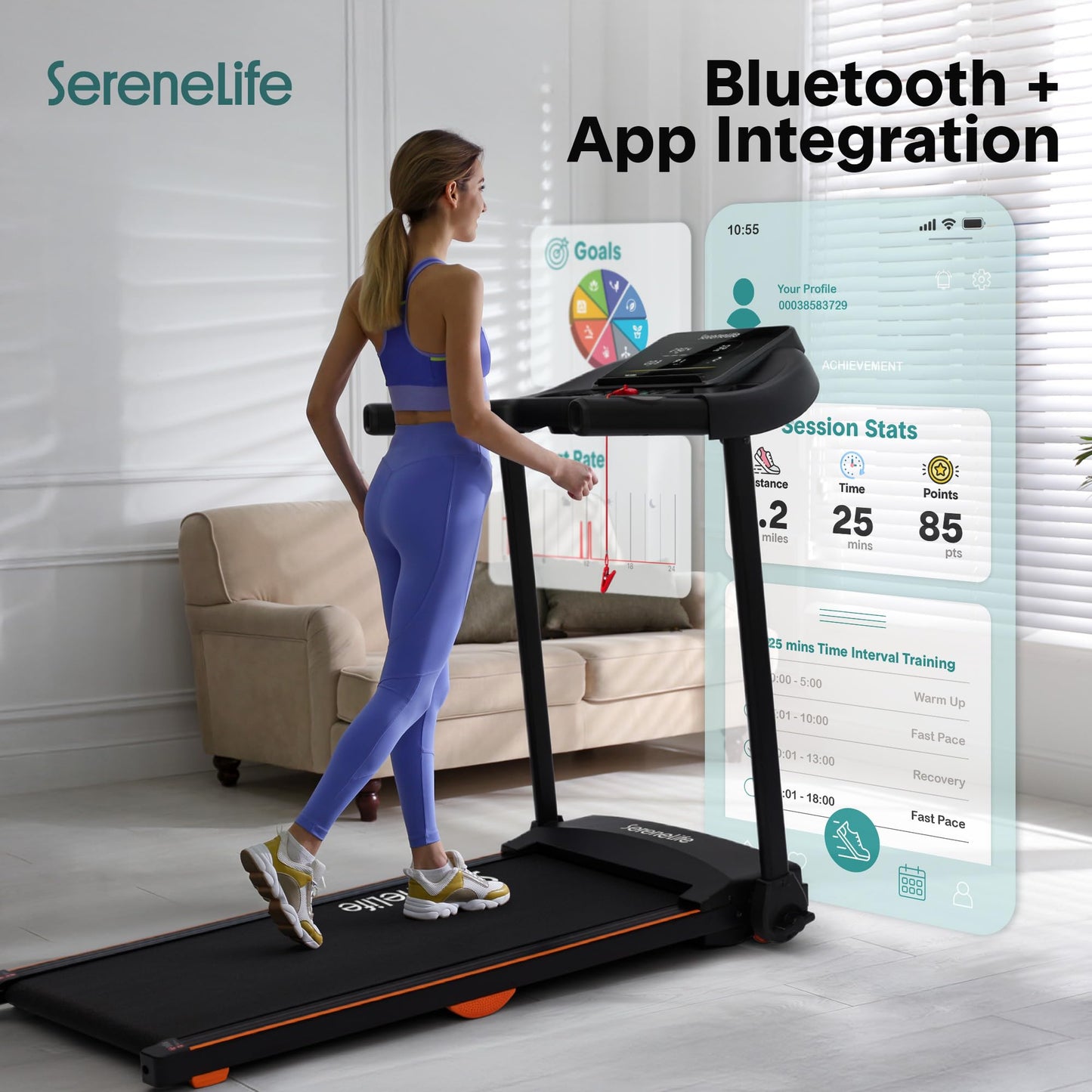 SereneLife Smart Foldable Treadmill with Bluetooth Music, 5 LED Display, Shock Absorption, Advanced App Integration, 2-Level Manual Incline, Portable Treadmill 2.5HP Motor for Optimal Workouts