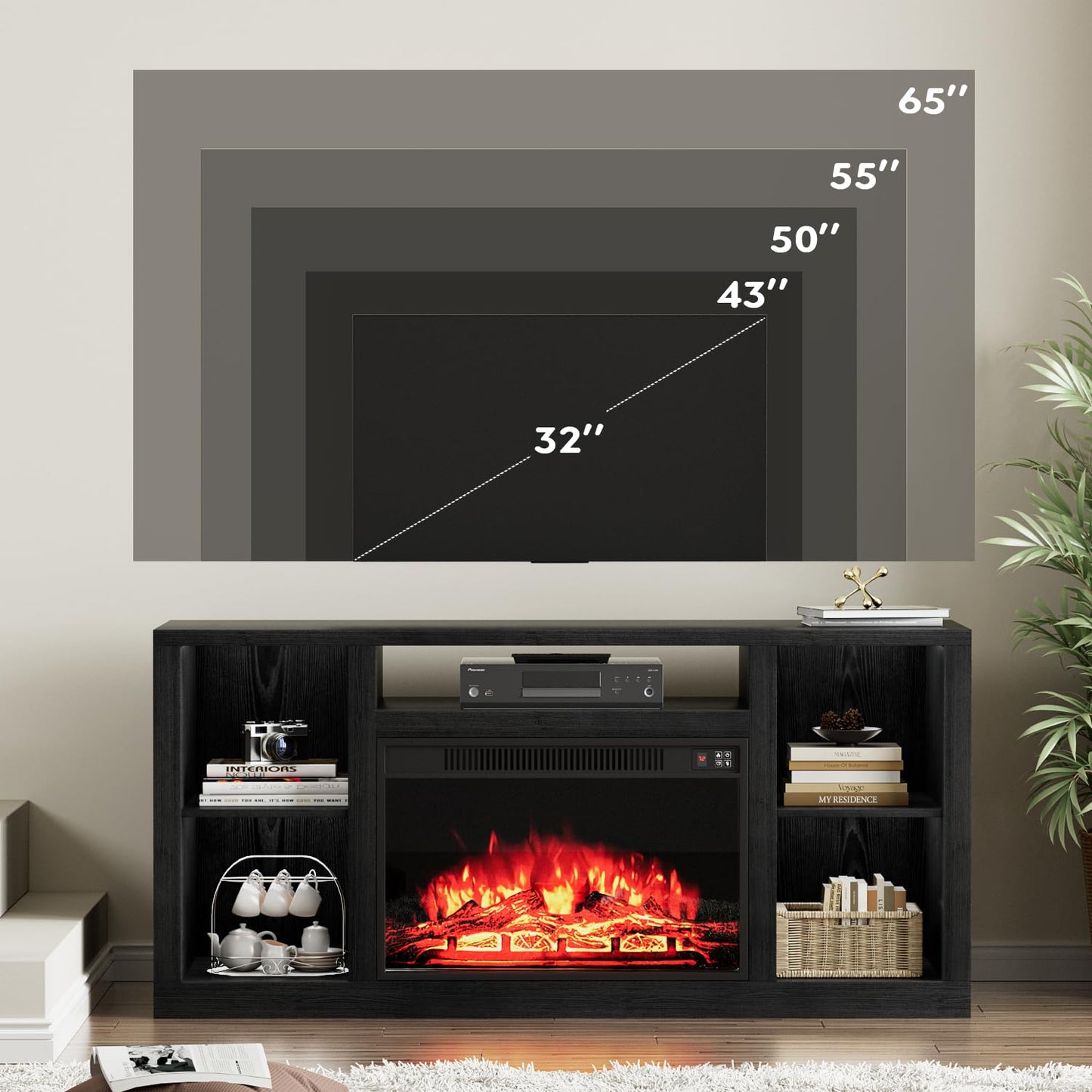 YESHOMY Electric Fireplace TV Stand for Televisions up to 65+ Inch, Media Entertainment Center Console Table with Four Open Storage Shelves & Cabinets, 58 Inch, Dark Black