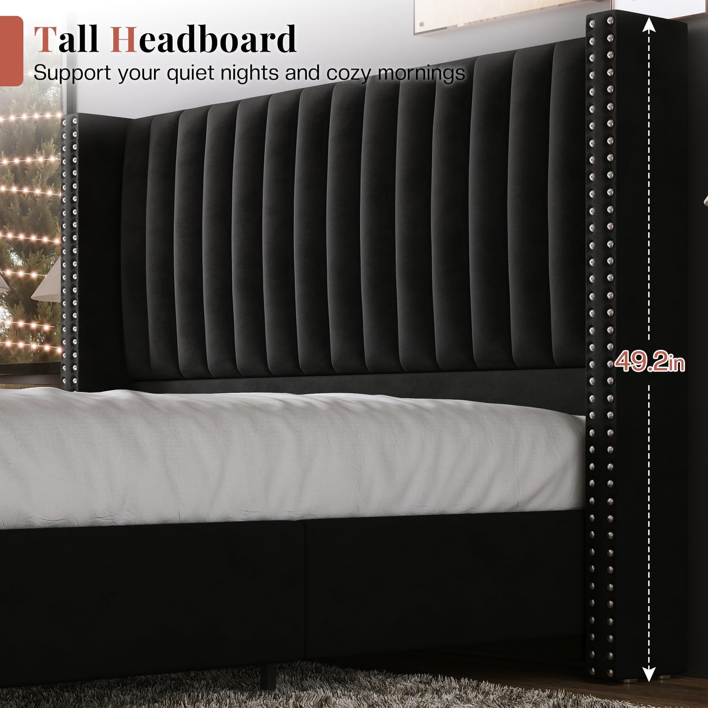 Jocisland Queen Bed Frame with Tall Wingback Headboard, Velvet Upholstered Platform Bed, No Box Spring Needed, Noise-Free, for Couples, Guest Room & Apartment, Black