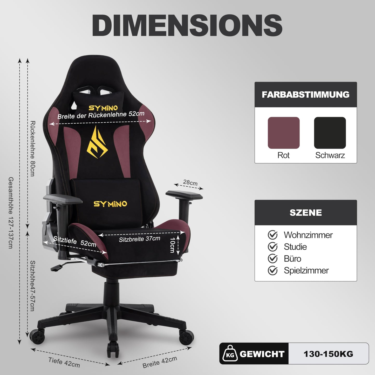 Symino Gamer Chair, Two-Tone Design, Wrap Seat, Lumbar Support & Head, 150° Tilt, Gas Class 3 SGS, 150 kg (Faux Suede, Black Red)