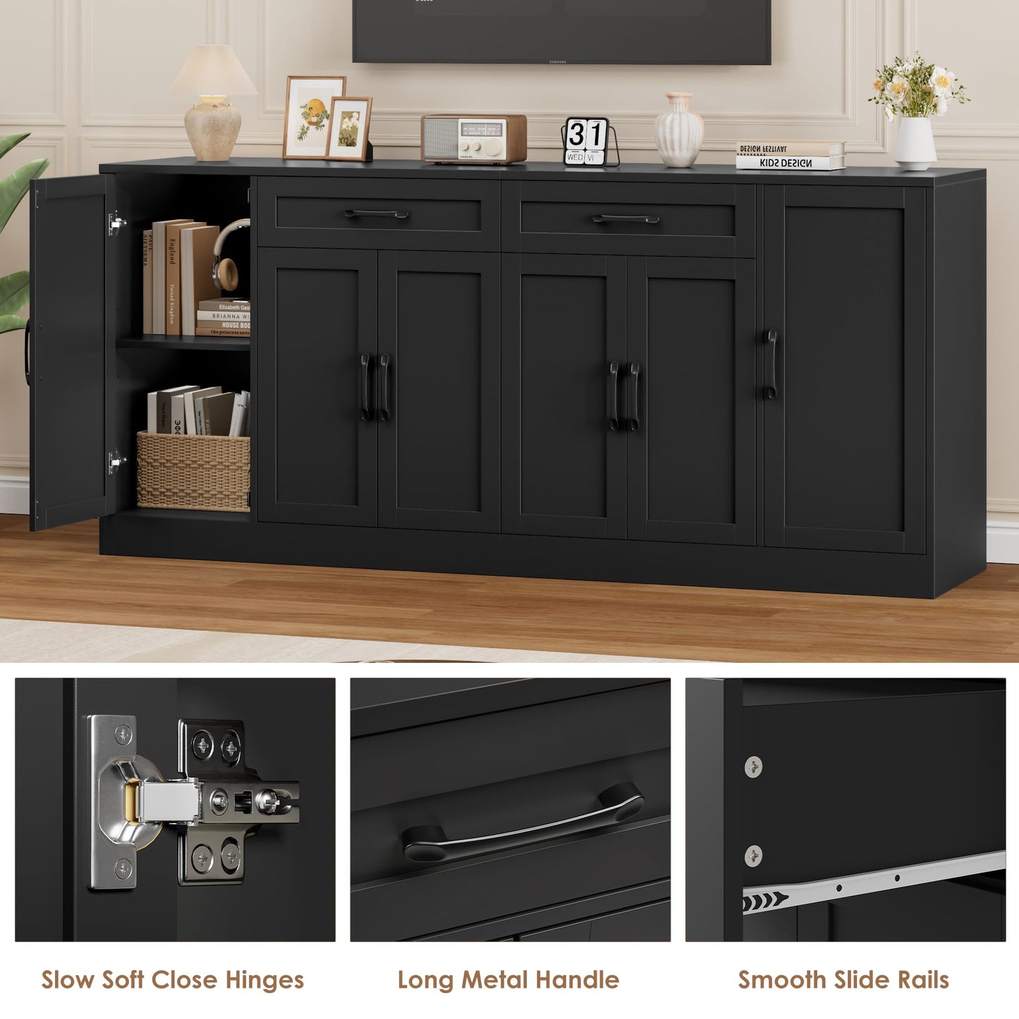 BOTLOG 71” Large Buffet Cabinet with Storage, Sideboard Buffet Cabinet with Adjustable Shelves and 6 Soft-Close Doors, Wood Coffee Bar Console Table for Kitchen, Dining Room, Black
