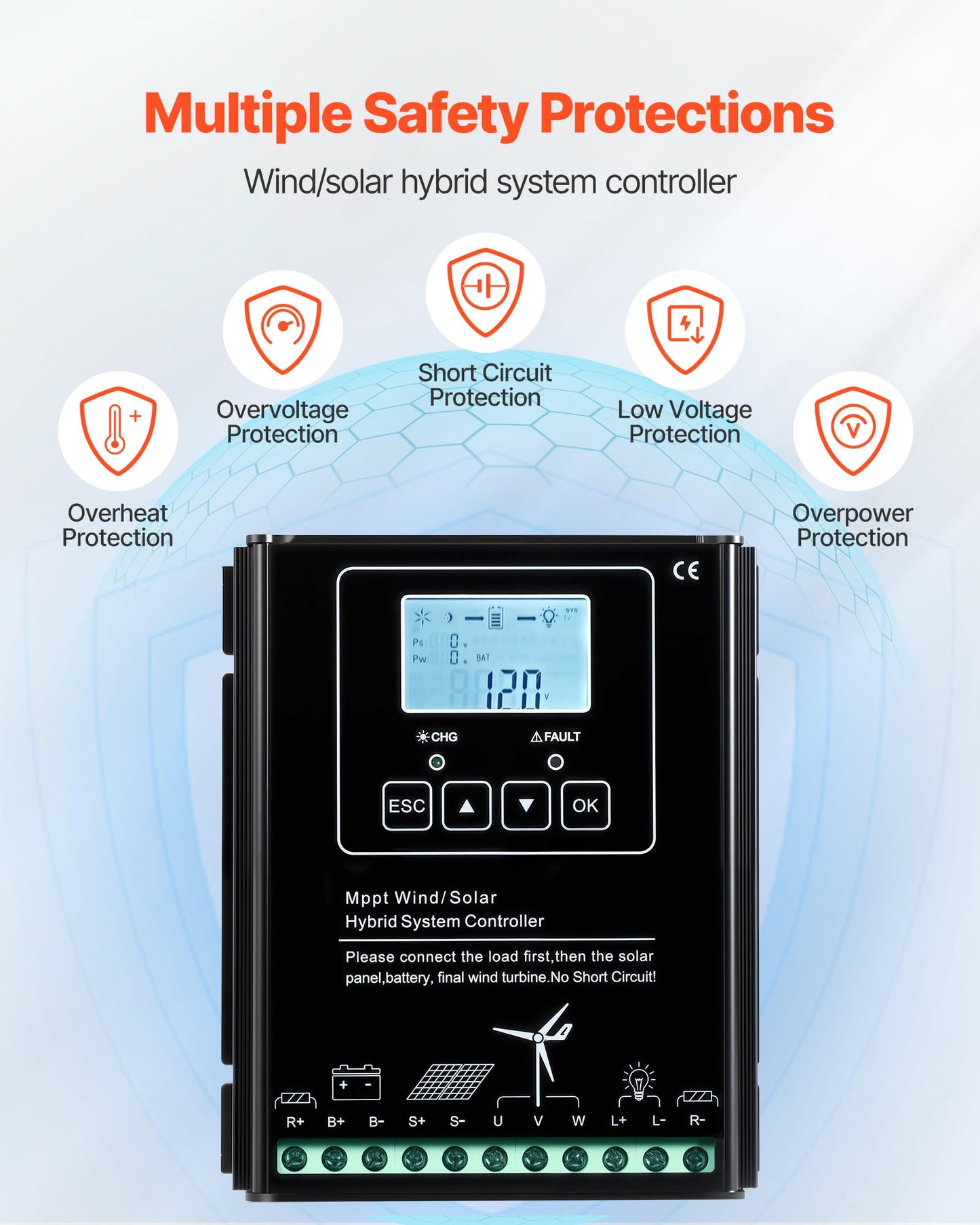 VEVOR 24V 1000W Solar Wind Power Kit, 6*100W Solar Panel + 400W Wind Turbine + 25.6V 100Ah LiFePO4 Battery + 3000W Power Inverter + MPPT Wind/Solar Hybrid Controller for Home Boat Cabin Farm Off-Grid