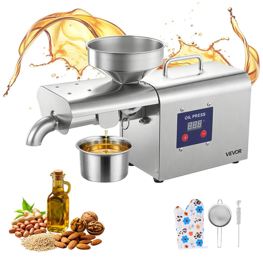 VEVOR Oil Press Machine, 8.27 LBS/H Capacity, Oil Extractor Machine, Automatic Electric Oil Maker for Home Commercial Use, 122℉–572℉ Hot Pressing for Peanuts Sesames Soybeans Almonds