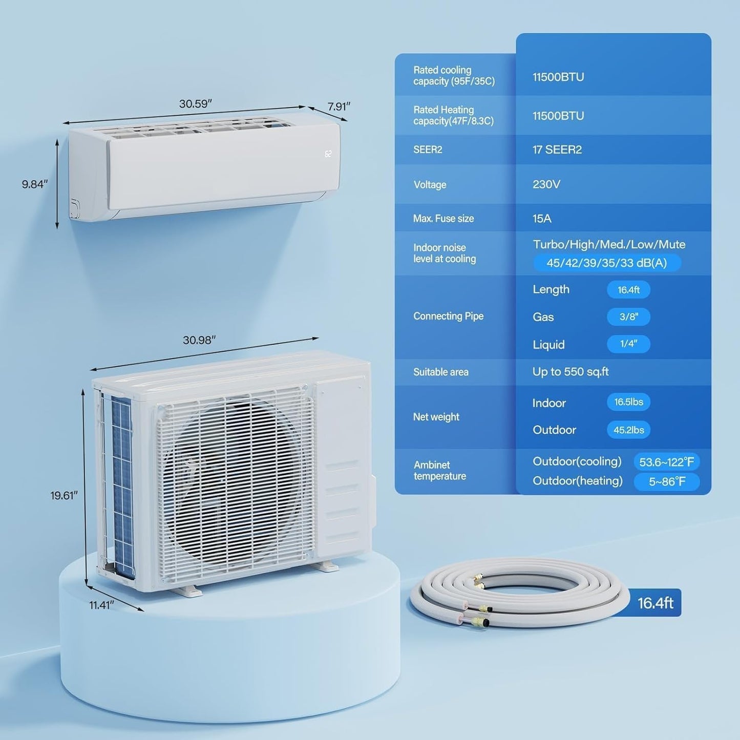 11500 BTU WiFi Enabled Mini Split Air Conditioner & Heater, 208/230V Heat Pump with Pre-Charged Condenser, 17 SEER2 Inverter Ductless Wall Unit & Installation Kit for Home Use
