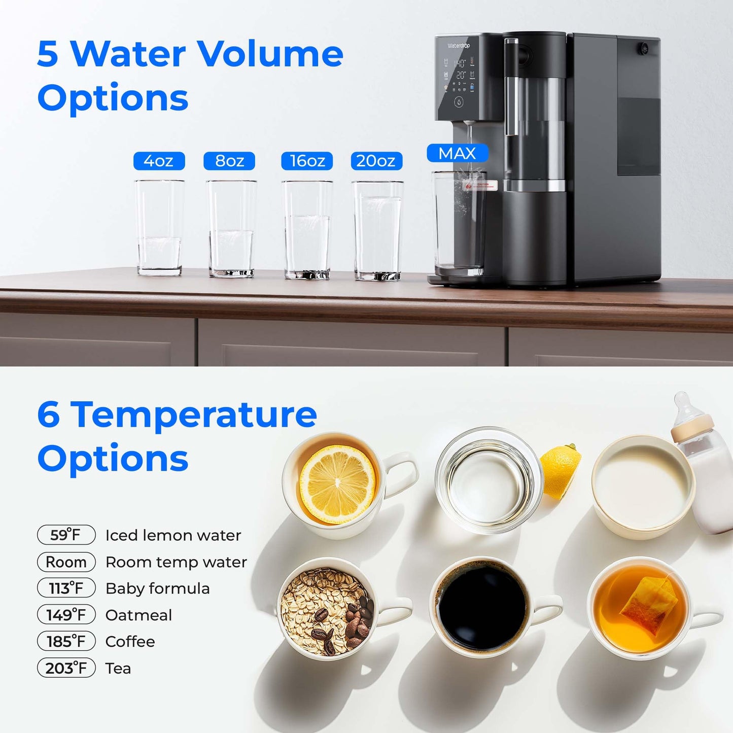 Waterdrop A2 Countertop Reverse Osmosis System, Hot and Cold RO System, Portable Pure Water Tank, Bottleless Water Cooler, 6 Temperature Settings, Hot Cold Room Water, 3:1 Pure to Drain