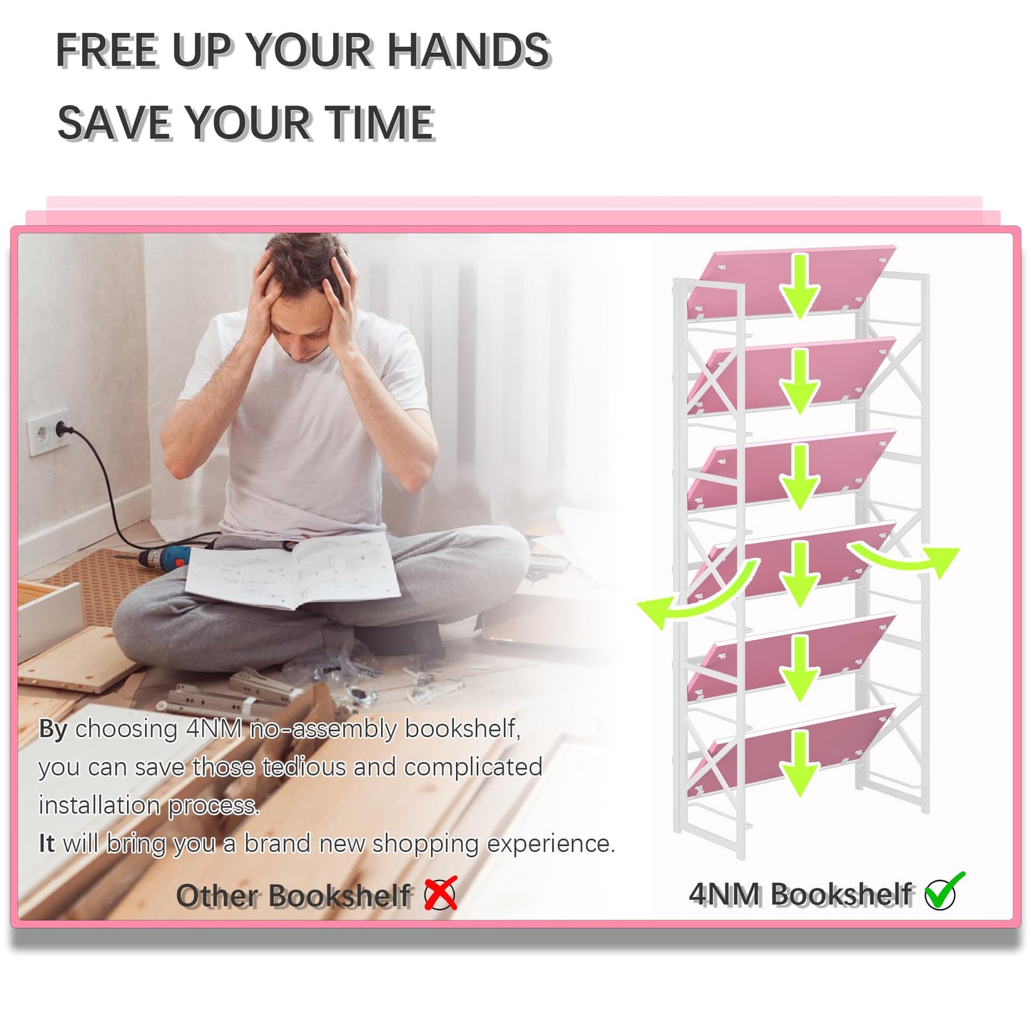 4NM 6 Tiers No Assembly Book Shelves, 61.8" H Folding Bookshelf Bookcase Open Industrial Foldable Shelves for Bedroom, Living Room, Home Office - Pink White