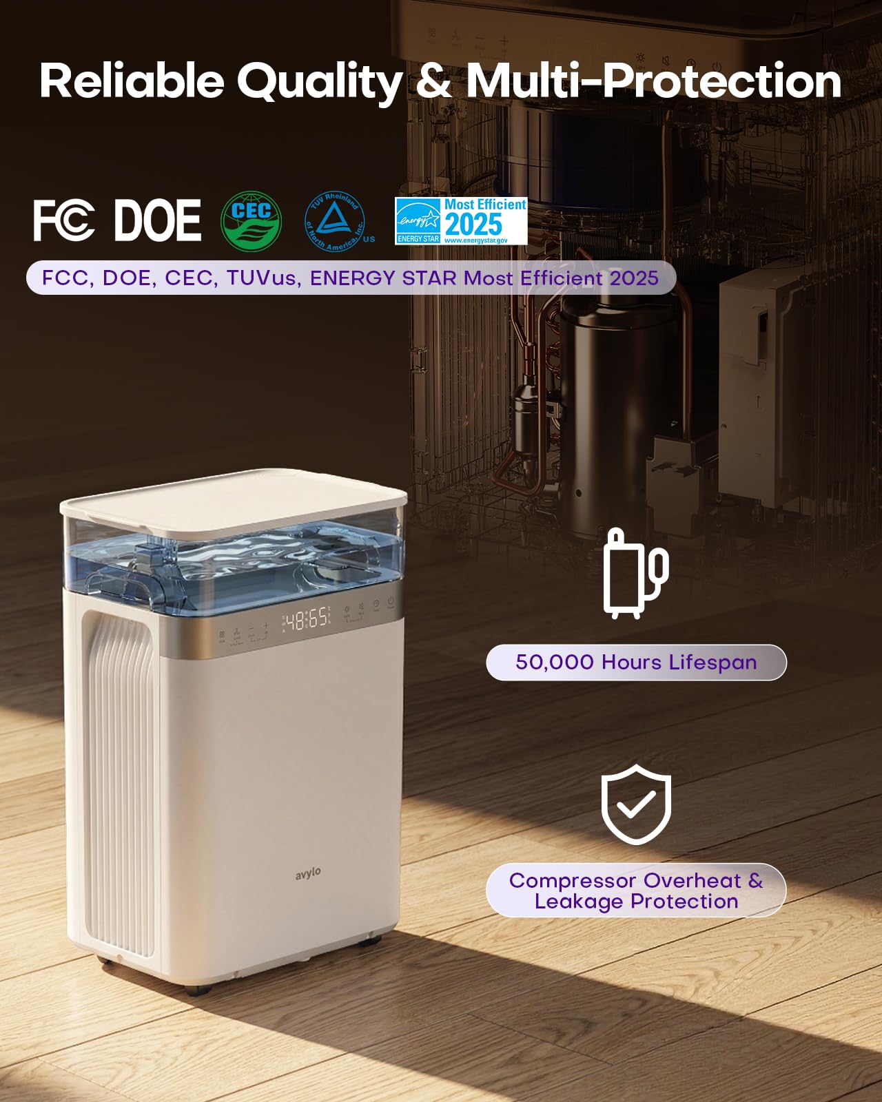 avylo Dehumidifier for Basement with Pump and Drain Hose, 90 Pint/D, White, 2.11 Gallon Top-Mounted Water Tank, 5000 Sq.Ft Dehumidifiers for Home with 41dB, Auto Defrost