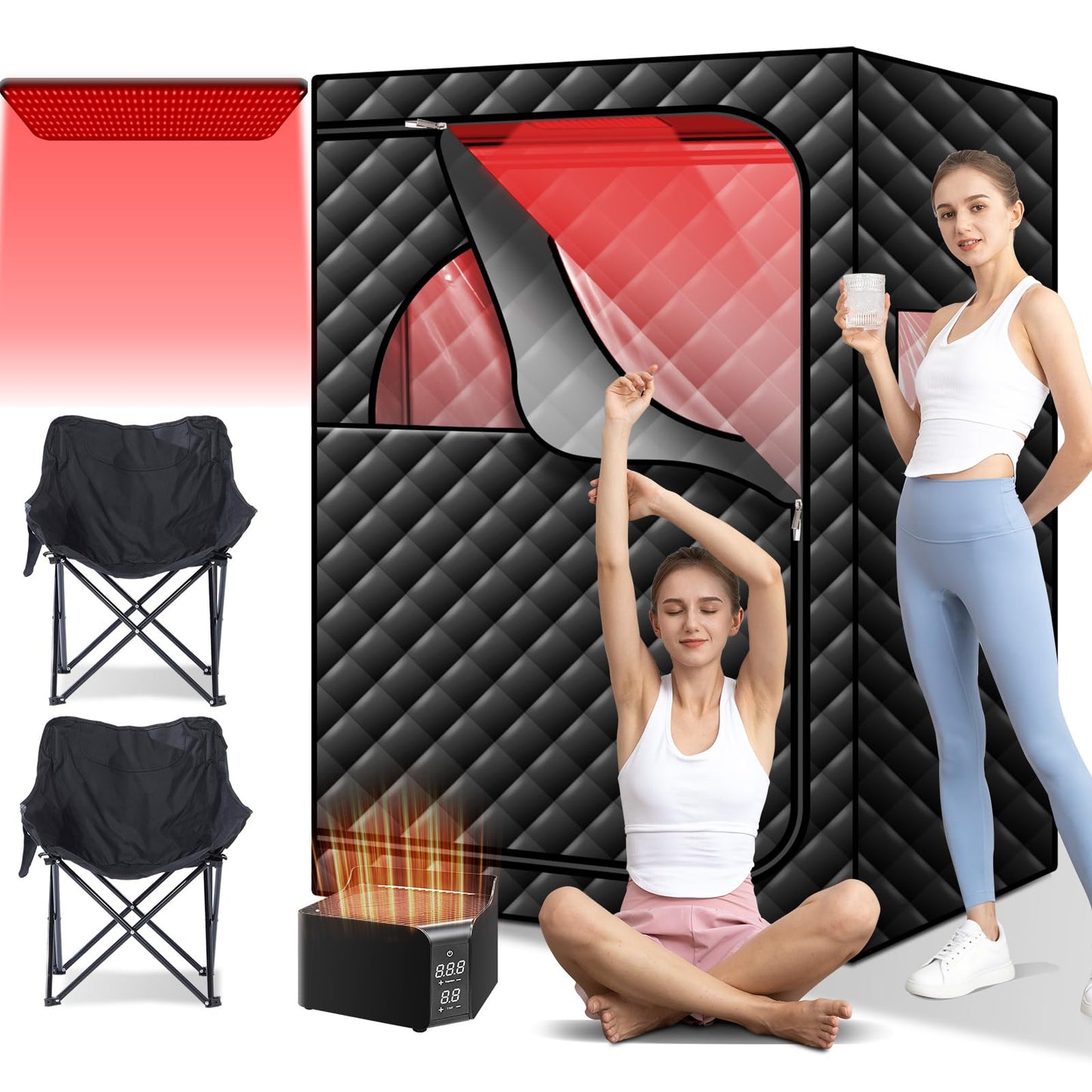 amocane 2 Person Portable Infrared Sauna, Dry Wind Sauna with 660nm Red Light Therapy, Full Body Sauna Spa for Home with 170℉ Temperature, 99 Mins Timer, 2 Large Chairs