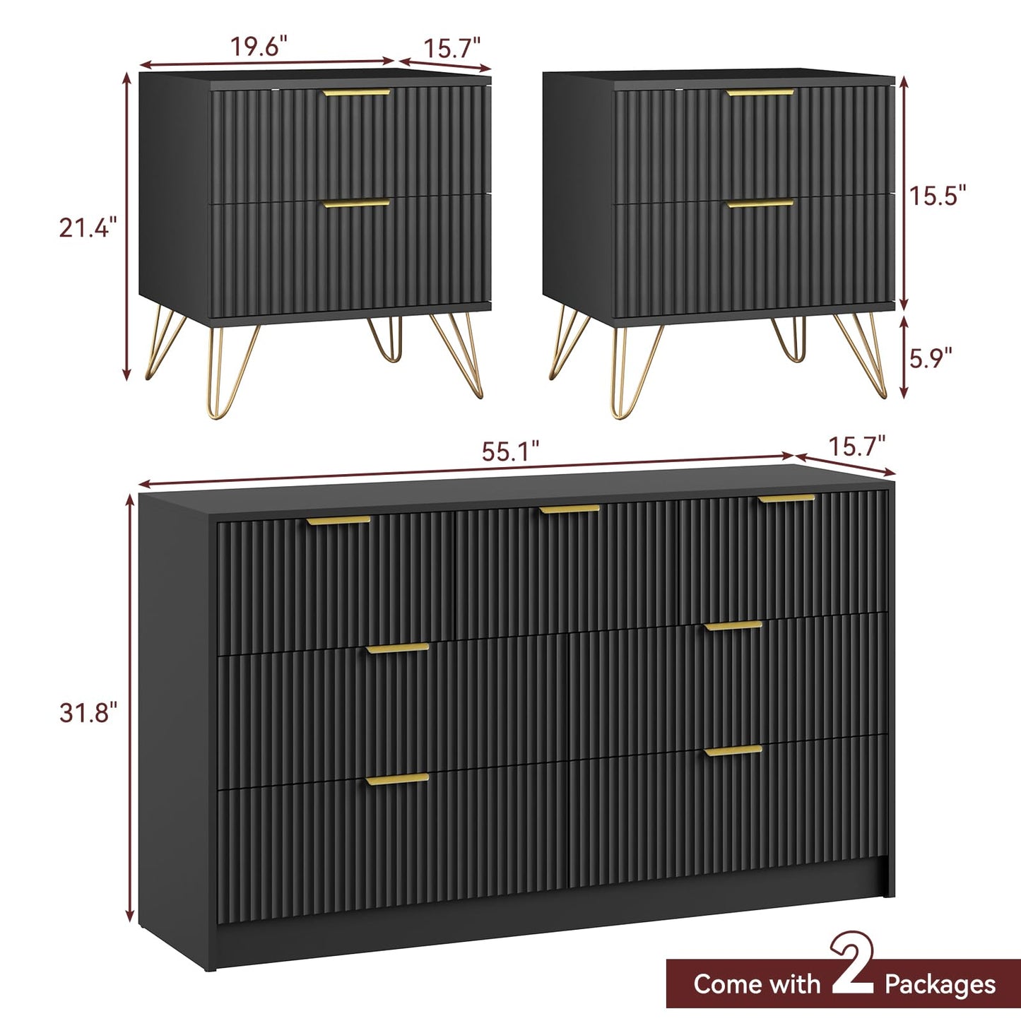 Sscaktu 7 Drawer Dresser and Nightstand Sets for Bedroom, 3 Pcs Bedroom Set，Night Stand Set of 2 & 7 Drawer Dresser with Gold Handles, Modern Wood Chest of Drawers Storage Cabinet Set, Black