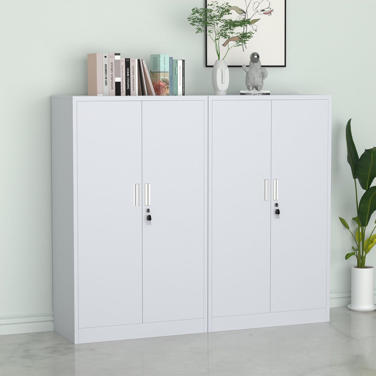 iJINGUR Metal Storage Cabinet with Locking Doors and Adjustable Shelves, 53.5-Inch Tall Lockable Storage Cabinets for Home Office Garage Kitchen Pantry (White)