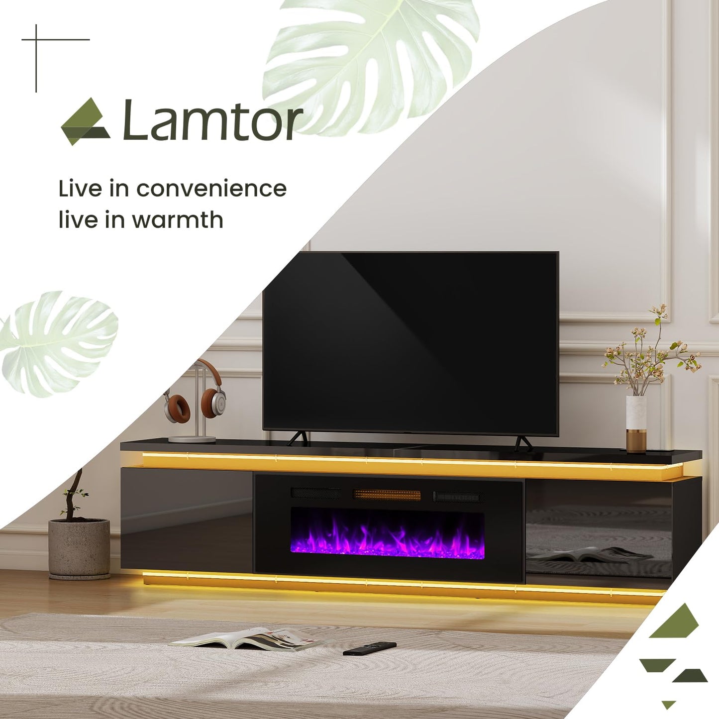 Lamtor Fireplace TV-Stand with 40" Fireplace - 2 LED Light TV-Stand for 90 95 inch TVs - Entertainment Center with 4 AC Power Outlets - 2 Tier TV Consoles Stand for Living Room, Black