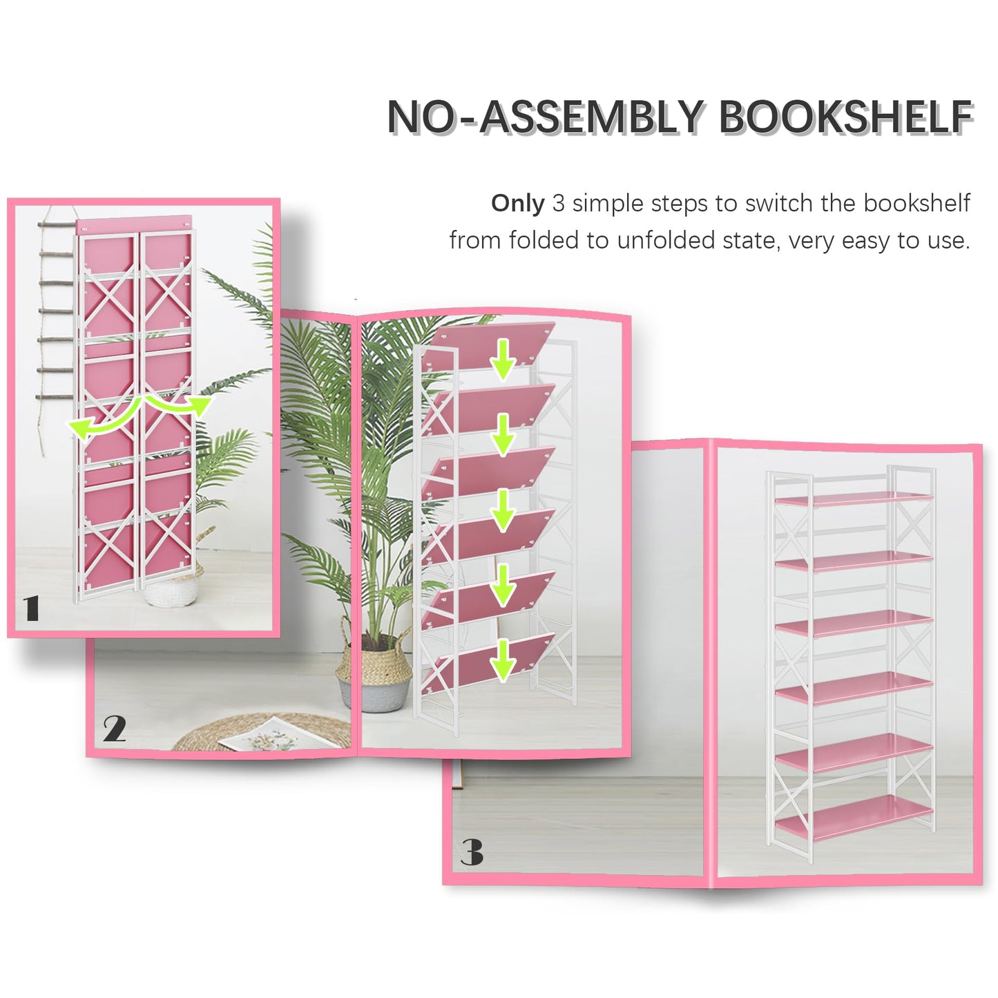 4NM 6 Tiers No Assembly Book Shelves, 61.8" H Folding Bookshelf Bookcase Open Industrial Foldable Shelves for Bedroom, Living Room, Home Office - Pink White
