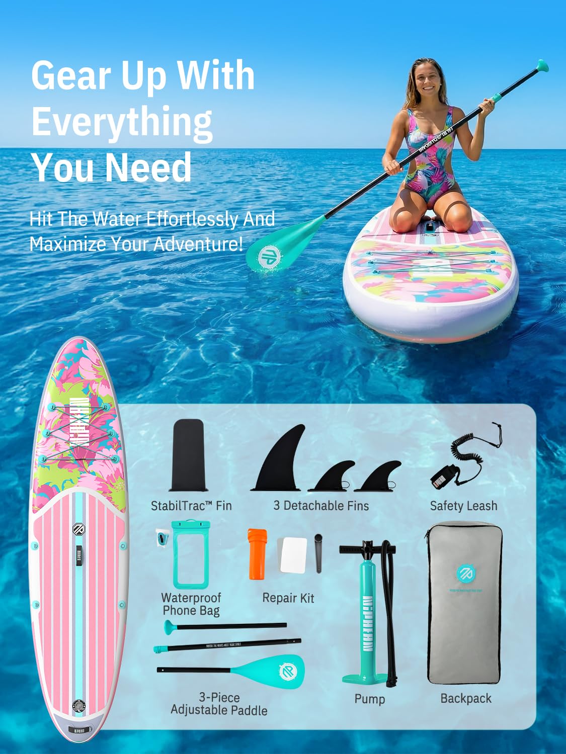 Niphean Inflatable Stand Up Paddle Board with Stabiltrac Fin Design and SUP Accessories, Anti-Slip EVA Deck, 10’6’’ Inflatable Paddle Boards for Adults & Youth of All Skill Levels