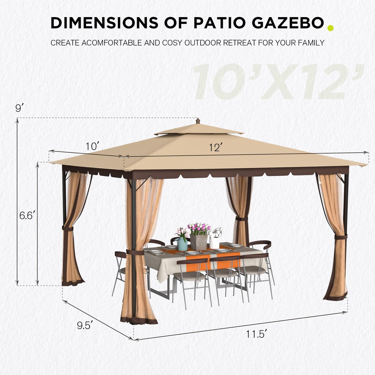 Bezseller 10x12 Outdoor Patio Gazebo with Powder-Coated Metal Frame, Stable Double-Tier Canopy with Zip Mesh Sidewalls for Backyard Dining & Entertaining, Khaki