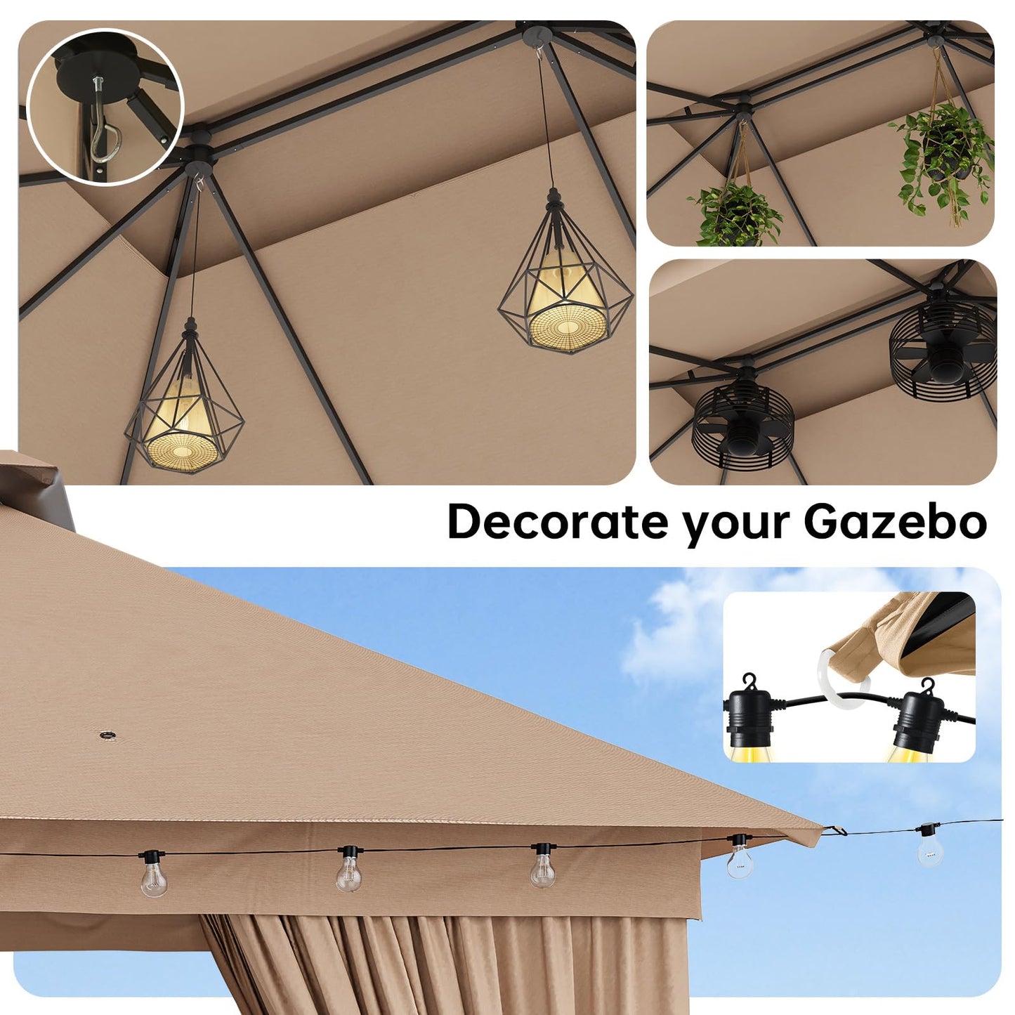 Outdoor Gazebo Metal Frame Patio Pergola Double Roofs Patio Canopy with Double-Layer Door and Mosquito Netting for Deck, Backyard, Lawn (Beige, 10x12FT)