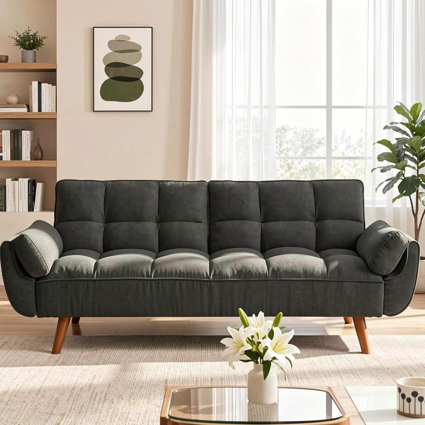 Trygoal Convertible Futon Sofa Bed, Modern Futon Couch with 2 Pillows, Small Futons Couch with Adjustable Armrest & Backrest, Loveseat Sofa Bed for Living Room, Bedroom, Beige