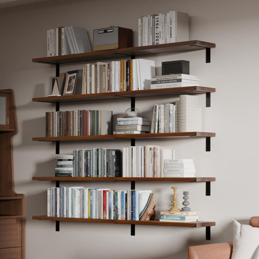 ONOTETUT 10x60 inch Farmhouse Walnut Floating Book Shelf,5-Pack Bookshelves Long Wall Shelf,Solid Wood Large Bookcase for Living Room, Kitchen (Walnut, 60 Inch)