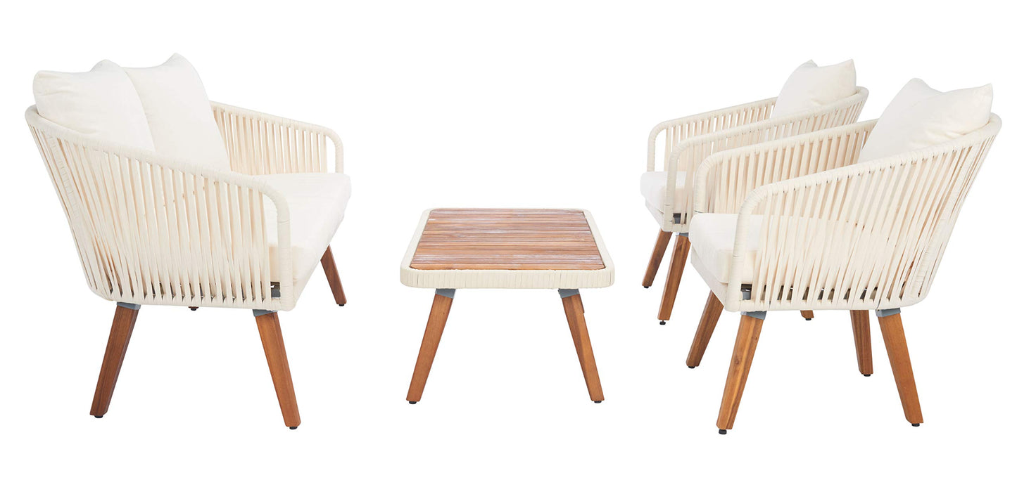 SAFAVIEH Outdoor Collection Ransin Beige/Beige/Natural Solid Wood 4-Piece Conversation Patio Set