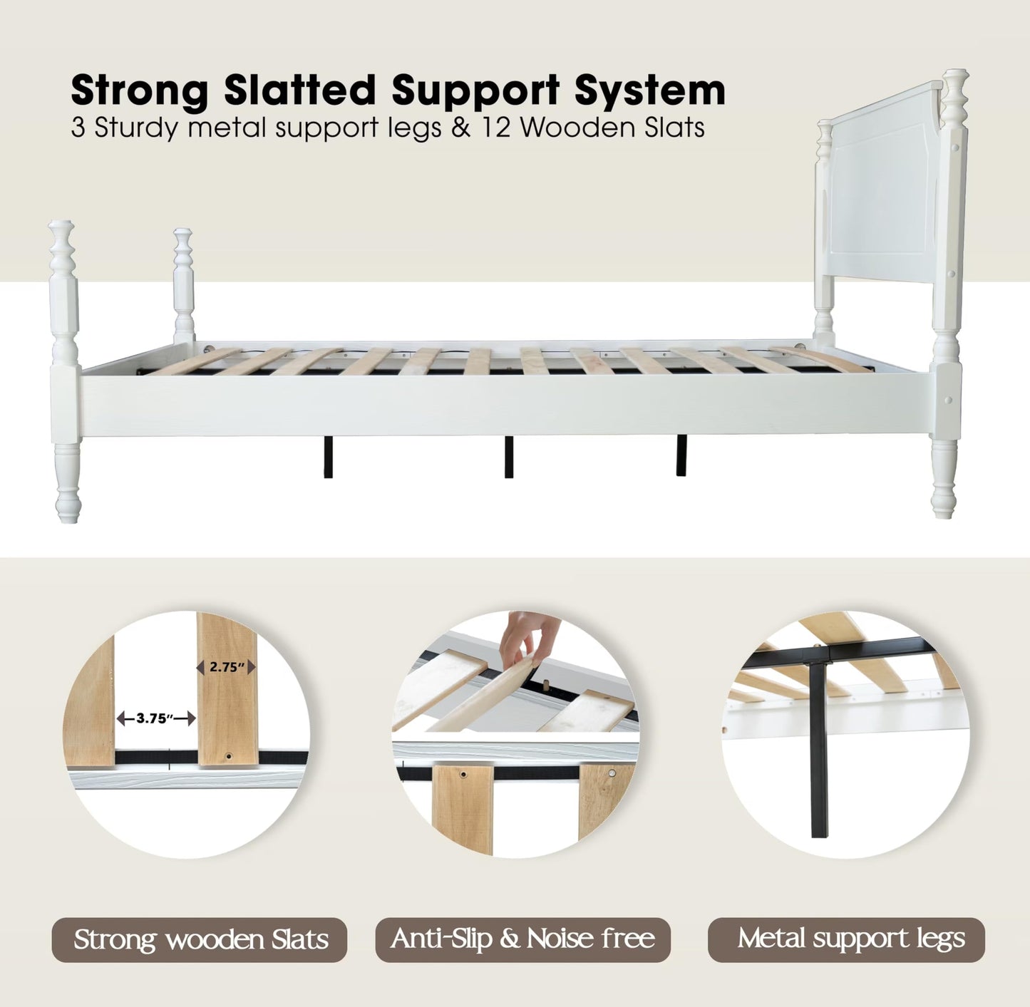Solid Wood King Size Platform Bed Frame, A Headboard & Footboard, Under Bed Storage, 12 Strong Slats with Center Metal Legs, Anti-Noise & Slip-Free, No Box Spring Needed, Pure White Finish, ROK-39