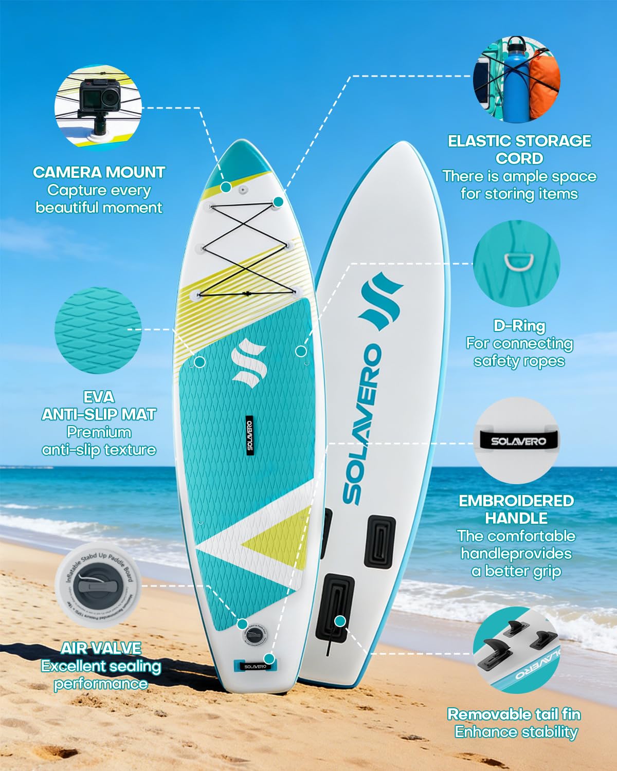 SOLAVERO 11' Inflatable Stand Up Paddle Board with SUP Accessories Kit & Backpack Portable Blow Up Paddleboard with Non-Slip Deck for Sea and Lake, All Skill Levels
