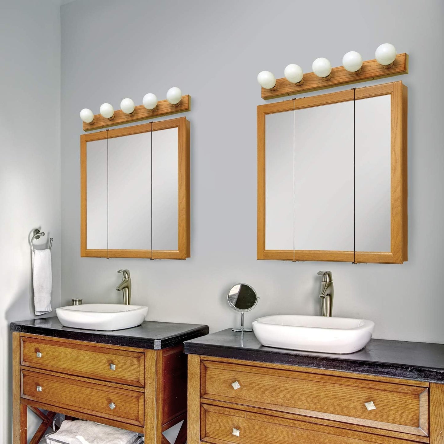 Pemberly Row Modern Wood Medicine Cabinet, Honey Oak Finish, 30-Inch Tri-View Mirror, Water-Resistant Design, 3 Doors and 2 Shelves, Decorative Bathroom Storage and Organization