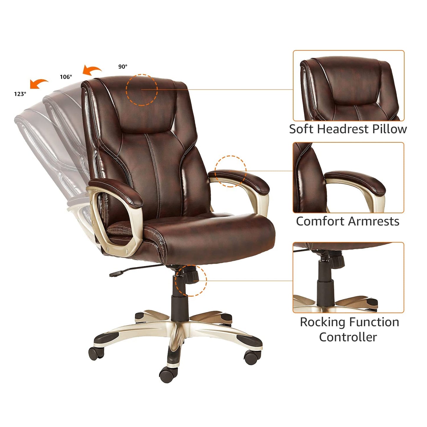 Amazon Basics Executive High Back Office Chair, Adjustable Height, Tilt, Swivel, Padded Armrests, Brown/Gold