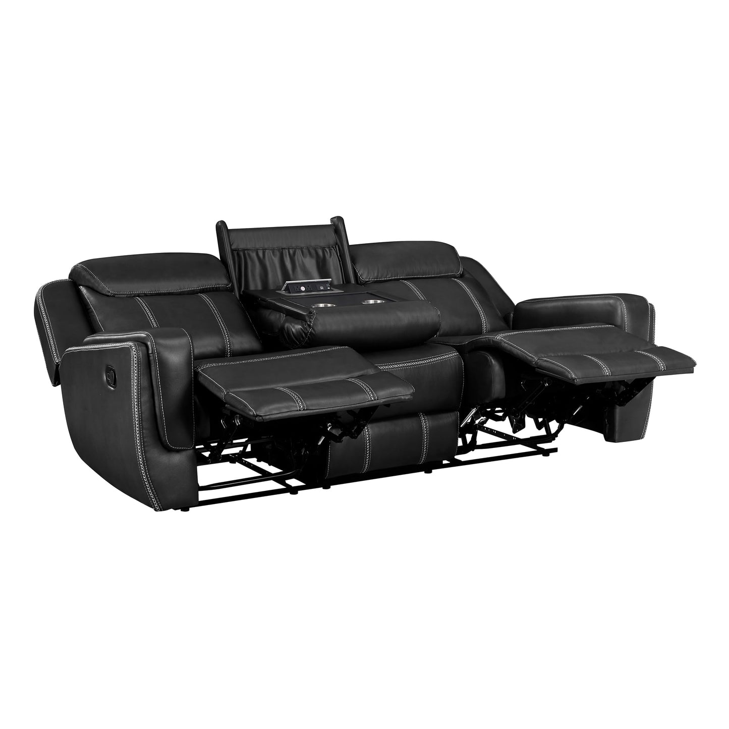 Lexicon Modern Double Recliner Sofa, Faux Leather Reclining Sofa With Center Drop-Down Cup Holders, Storage Pouch, Receptacles, USB Ports, Manual Recliner Couch For Living Room/Office/Apartment, Black