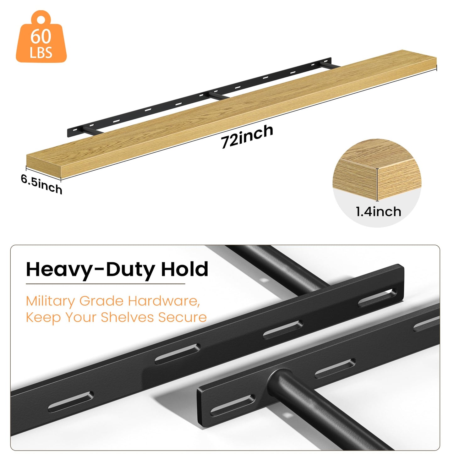 72 Inch Floating Shelves for Wall, Rustic Wood Wall Mounted Deep Storage Shelves with Invisible Brackets, Panoramic Decorative Display Ledge for Living Room Bedroom and Kitchen, Set of 2, Oak