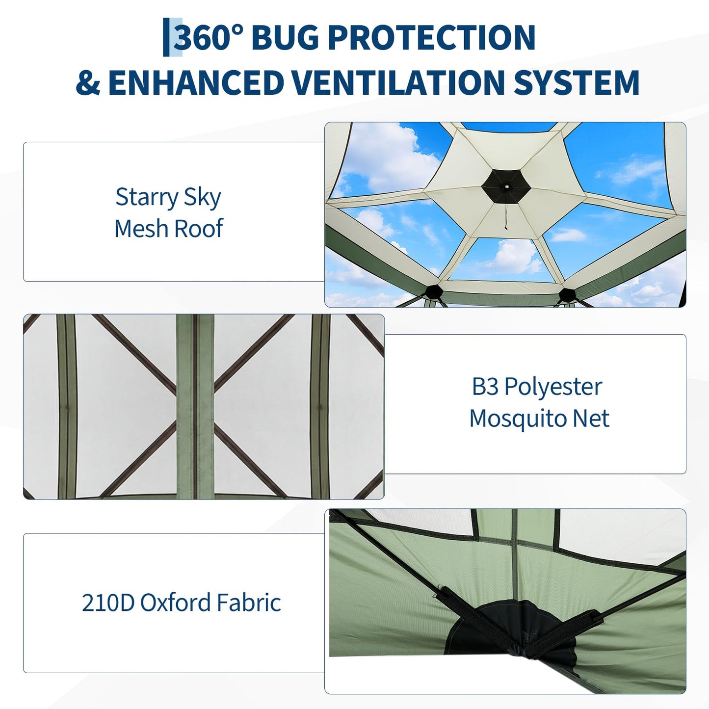 GarveeHome 13x13FT Pop Up Gazebo Screen Tent, 6-Sided Canopy with Starry Sky Top, 210D Oxford Water-Proof Instant Shelter with Mosquito Netting for Backyard Camping, Green & Gray