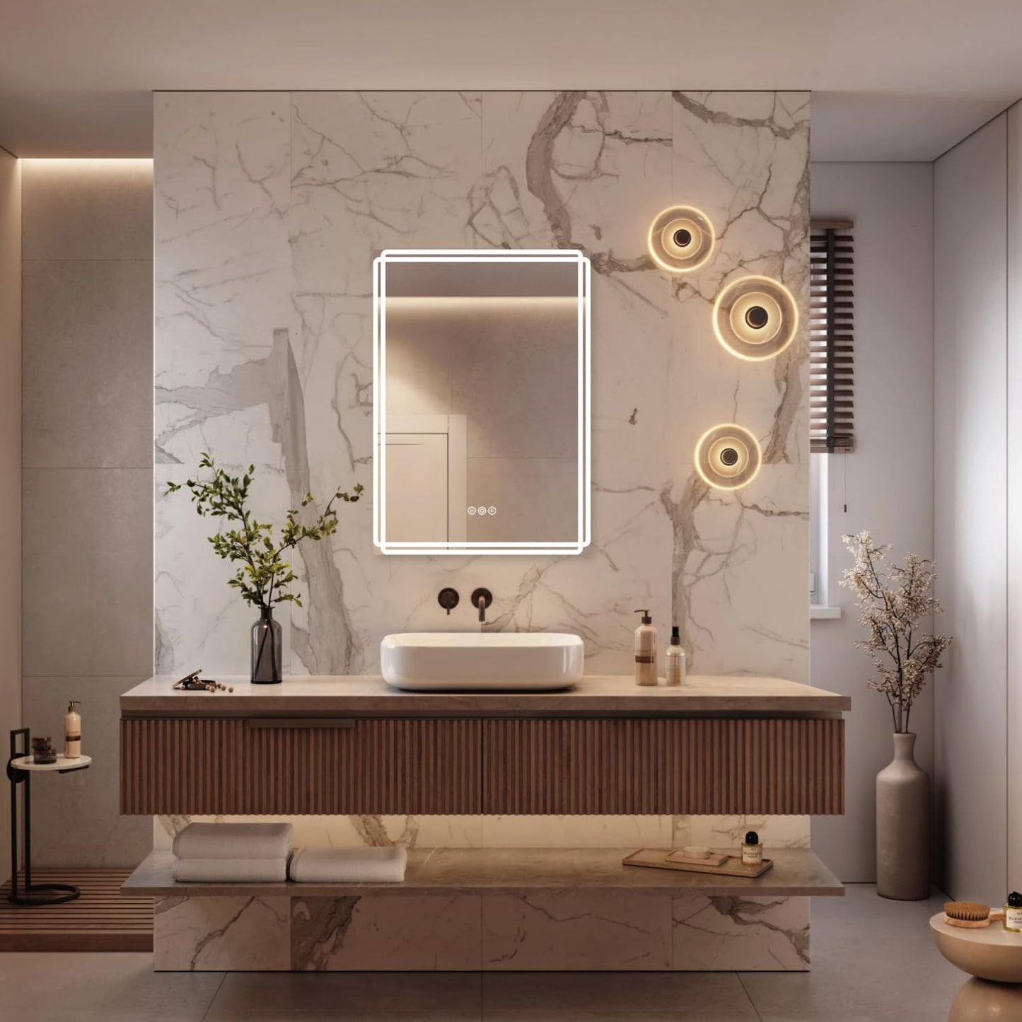 Buruis 24'' x 30'' Medicine Cabinet with Lights and Mirrors, Recessed or Wall Mounted Modern Bathroom Cabinet with 3-Mode Light, Anti-Fog, Dimmable, Memory Function, Outlet, Silver