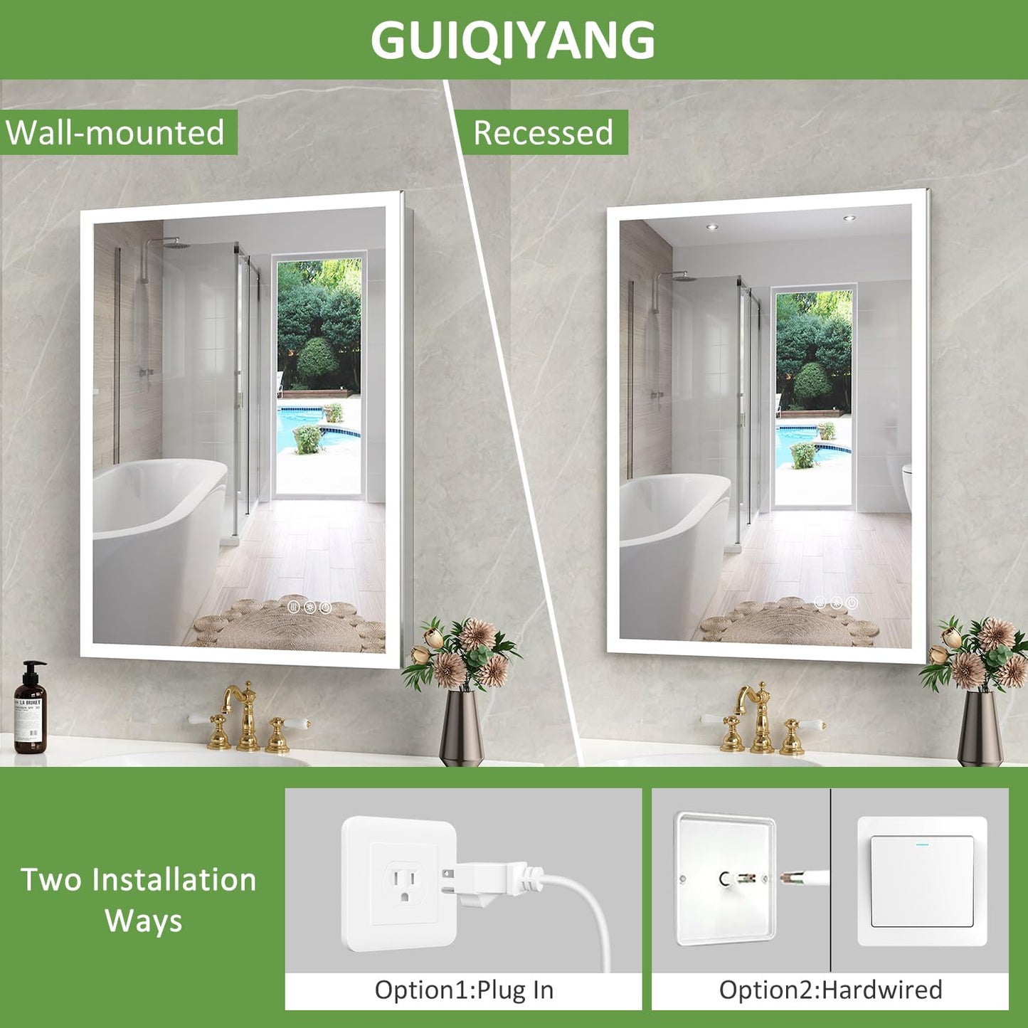 GUIQIYANG Medicine Cabinet with Lights, Bathroom LED Mirror Cabinet with Storage, Anti-Fog & 3 Color Lights, Recessed or Wall Mounted (24X32 in)