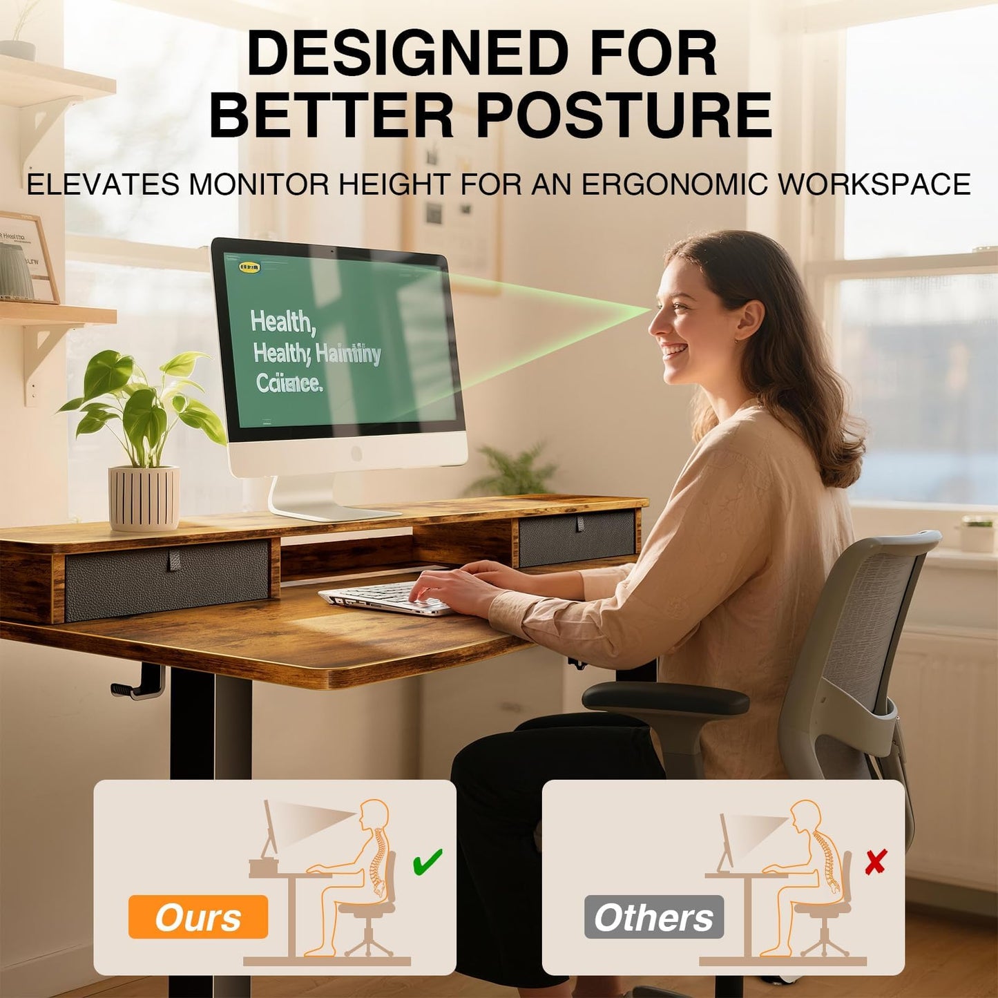 Veken 47.2"×27.6" Standing Desk with Storage Drawers, Adjustable Height Computer Table with Monitor Shelf, Home Office Desk for Study, Gaming, Workstation, Brown