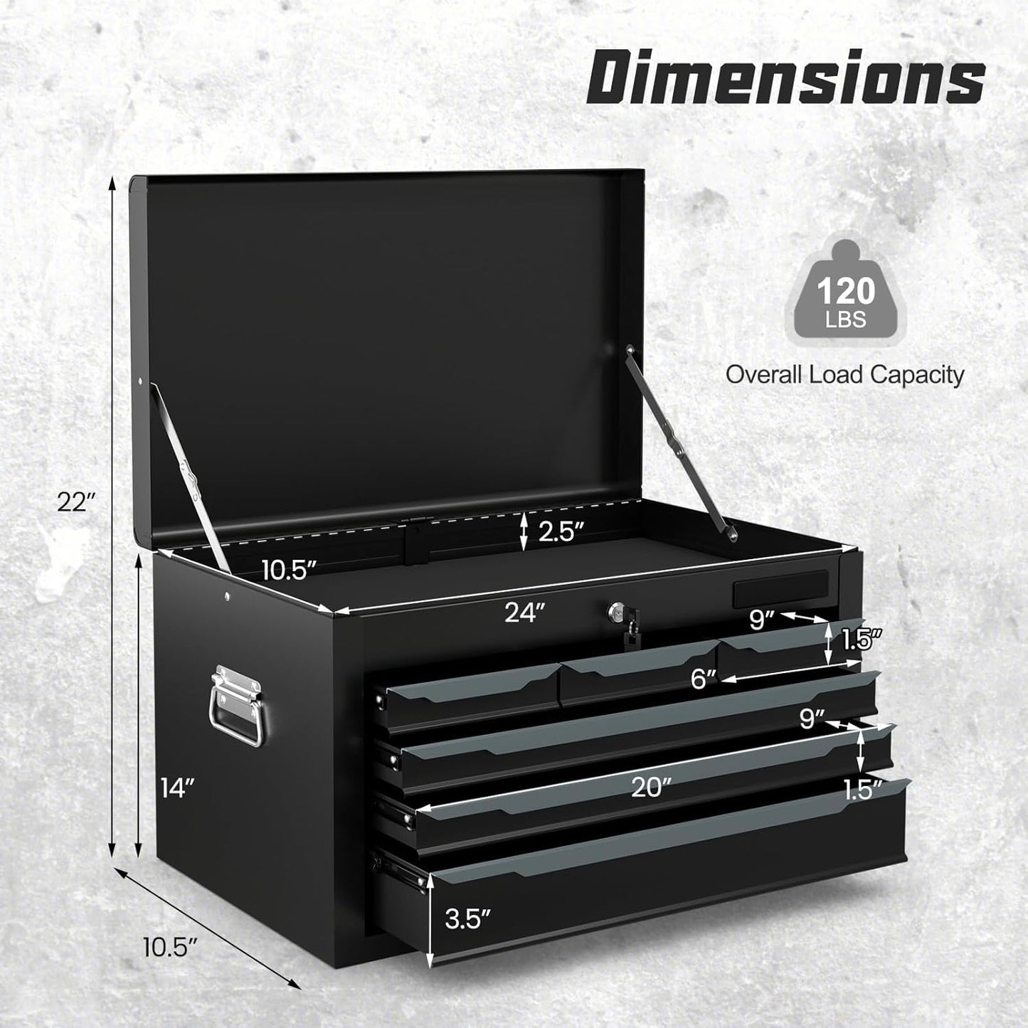 ARNOT Large Metal Tool Box, Tool Box with 6 Drawers & Top Tray, Heavy-Duty Steel Tool Chest with Auto-Locking Drawers and Side Handles for Garage & Workbench (Black)