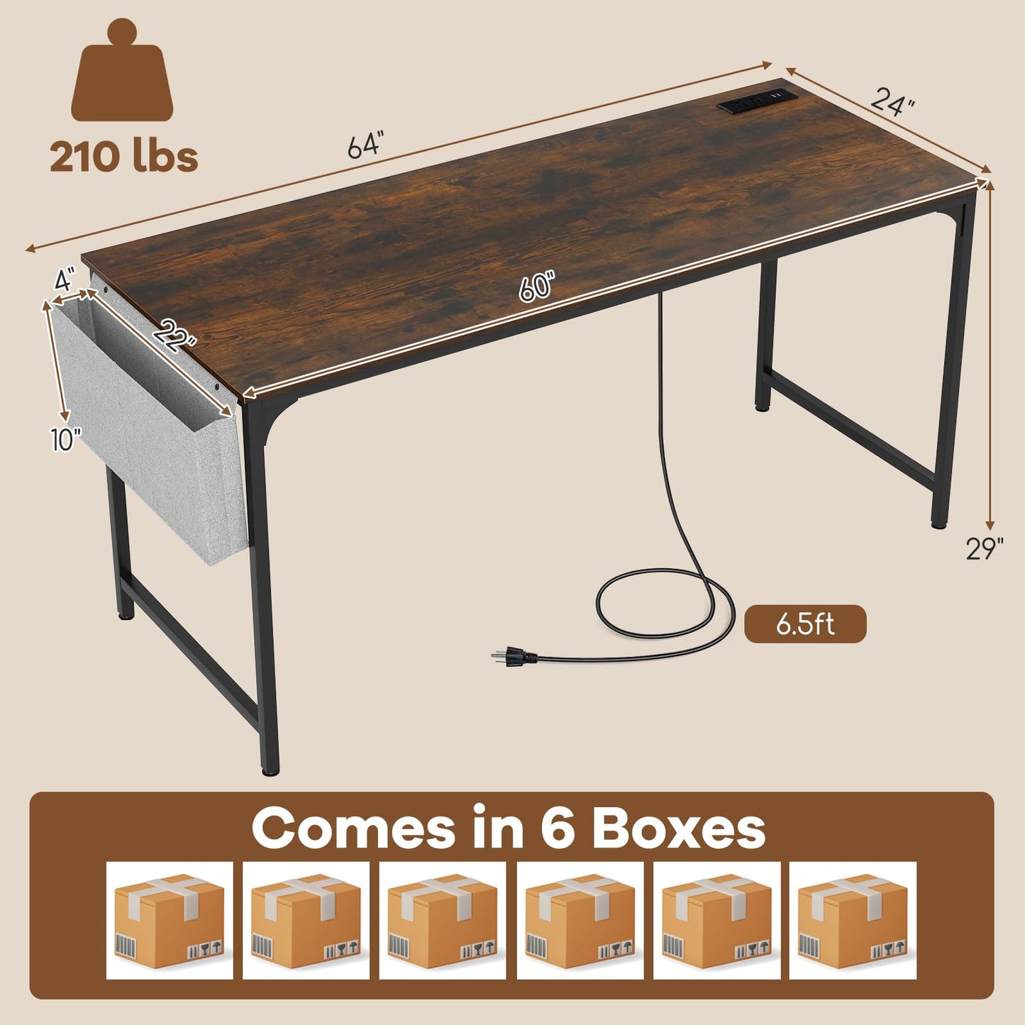 Tangkula 60" Conference Desk Set of 6, Modern Boardroom Desk with Storage Bag, Headphone Hook, Sturdy Metal Frame, Rectangular Seminar Table with Charging Station