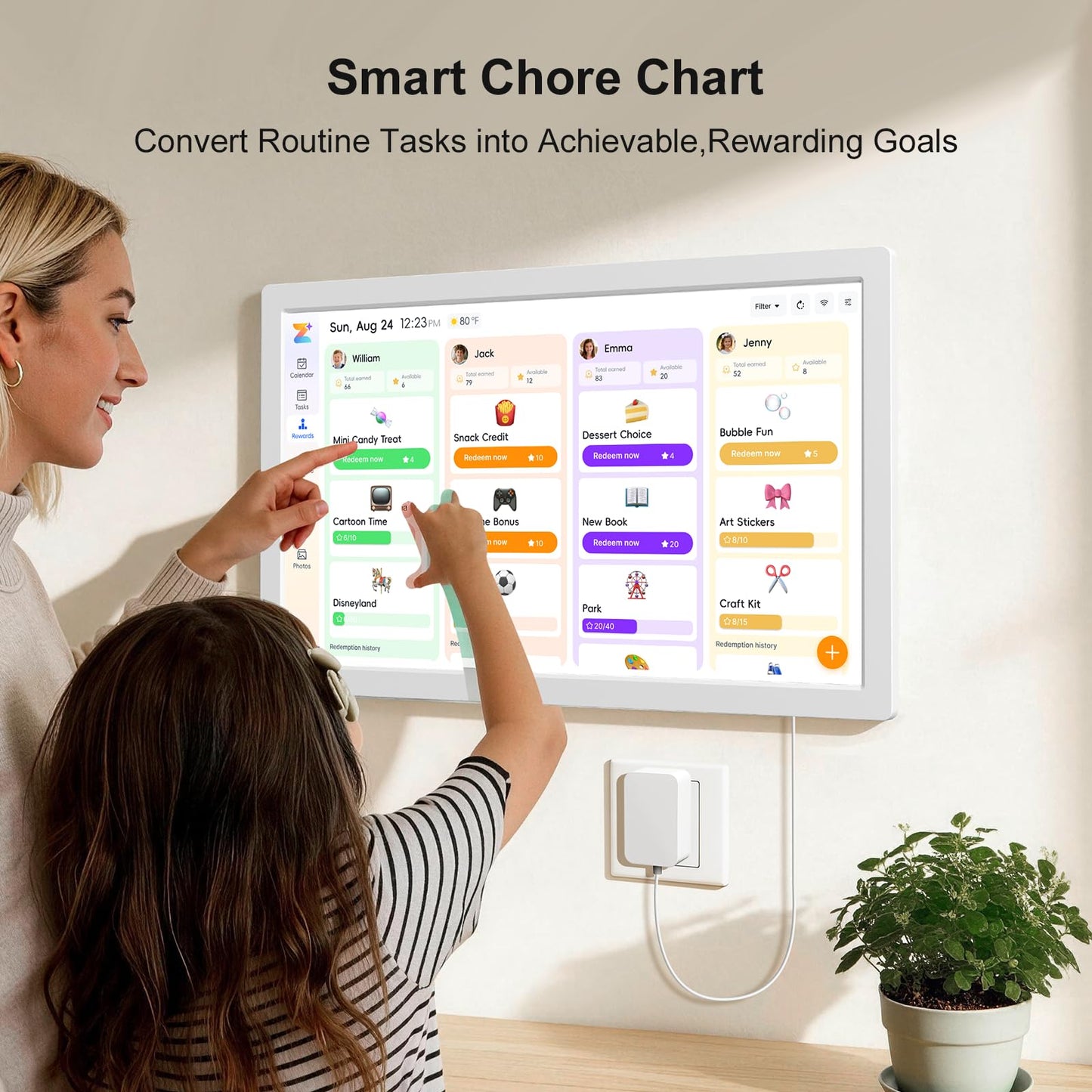 JSUSOU 24 Inch Magnetic Digital Smart Calendar for Refrigerator - Free APP & Touch Screen Chore Chart, Family Schedule Organizer & Interactive Electronic Calendar, Fridge/Wall Mountable, White