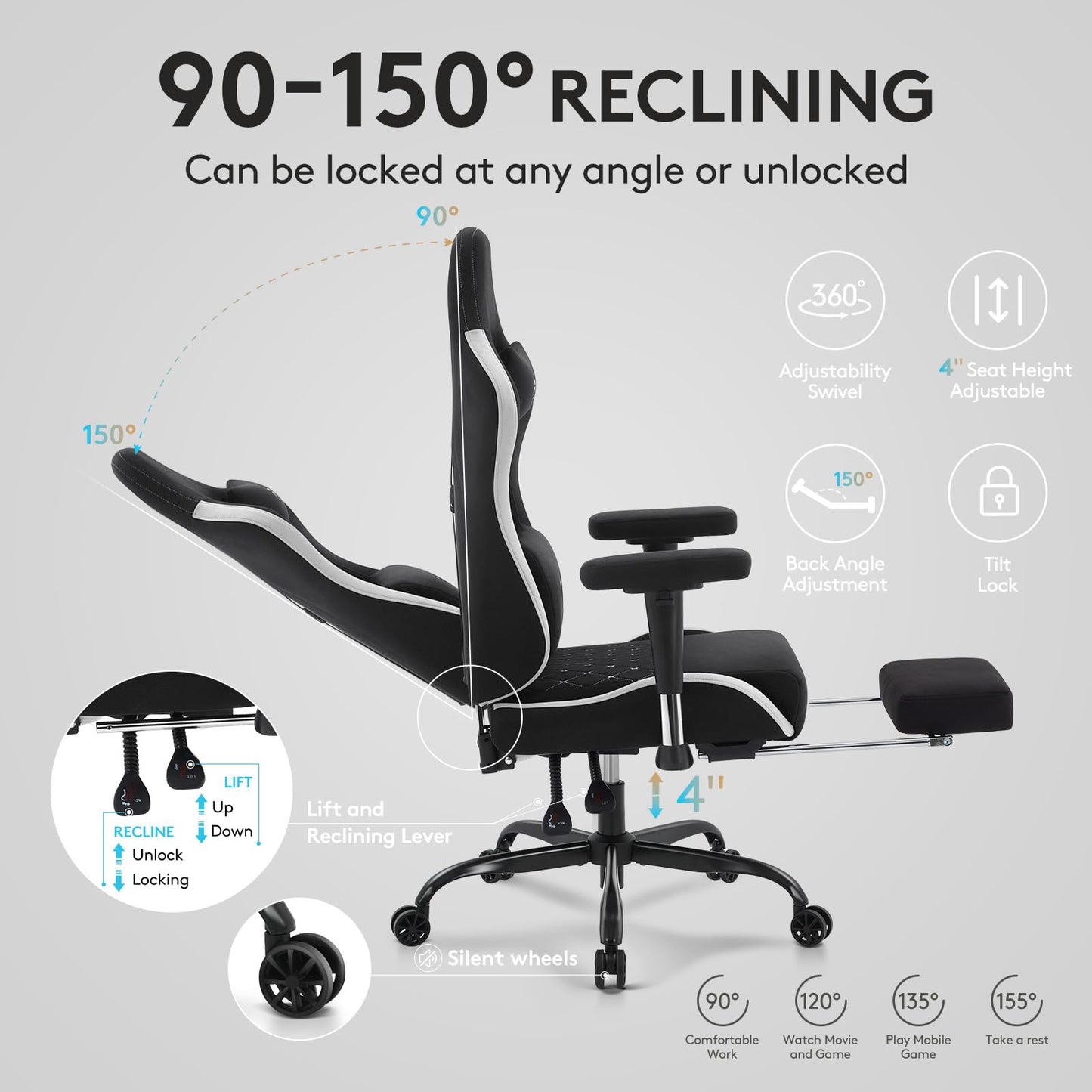 Morkprism Gaming Chair Breathable Fabric,Computer Office Chair with Footrest,Massage Lumbar Support and Gel Pad,Ergonomic Reclining Gamer Chair with Adjustable Armrests and Spring Cushion Black Grey