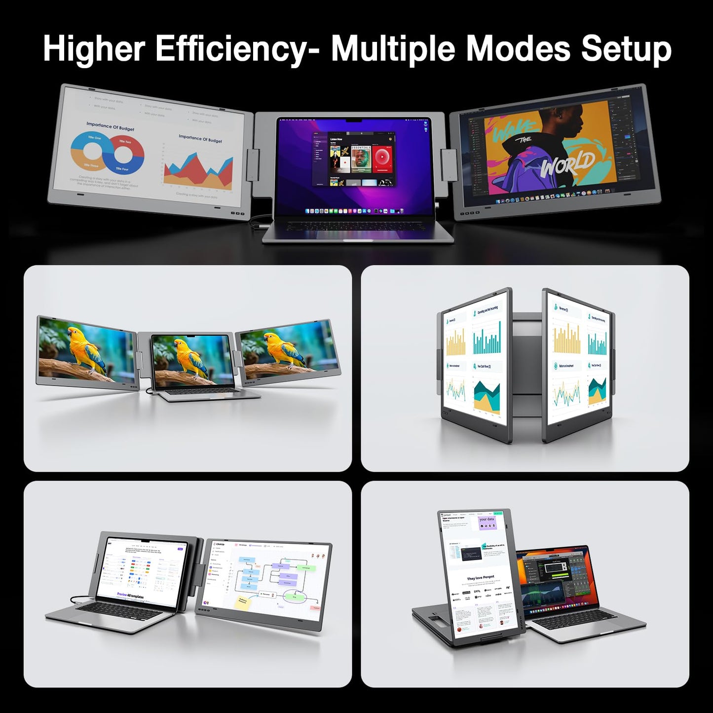 KYY Triple Laptop Screen Extender, 1080P FHD IPS 15.6" Travel Monitor, One Cable USB-C Portable Monitor, Dual Screen for 12"-17'' Laptops, Full Alloy, 360° Rotation & Kickstand, X90D (Driver Need)