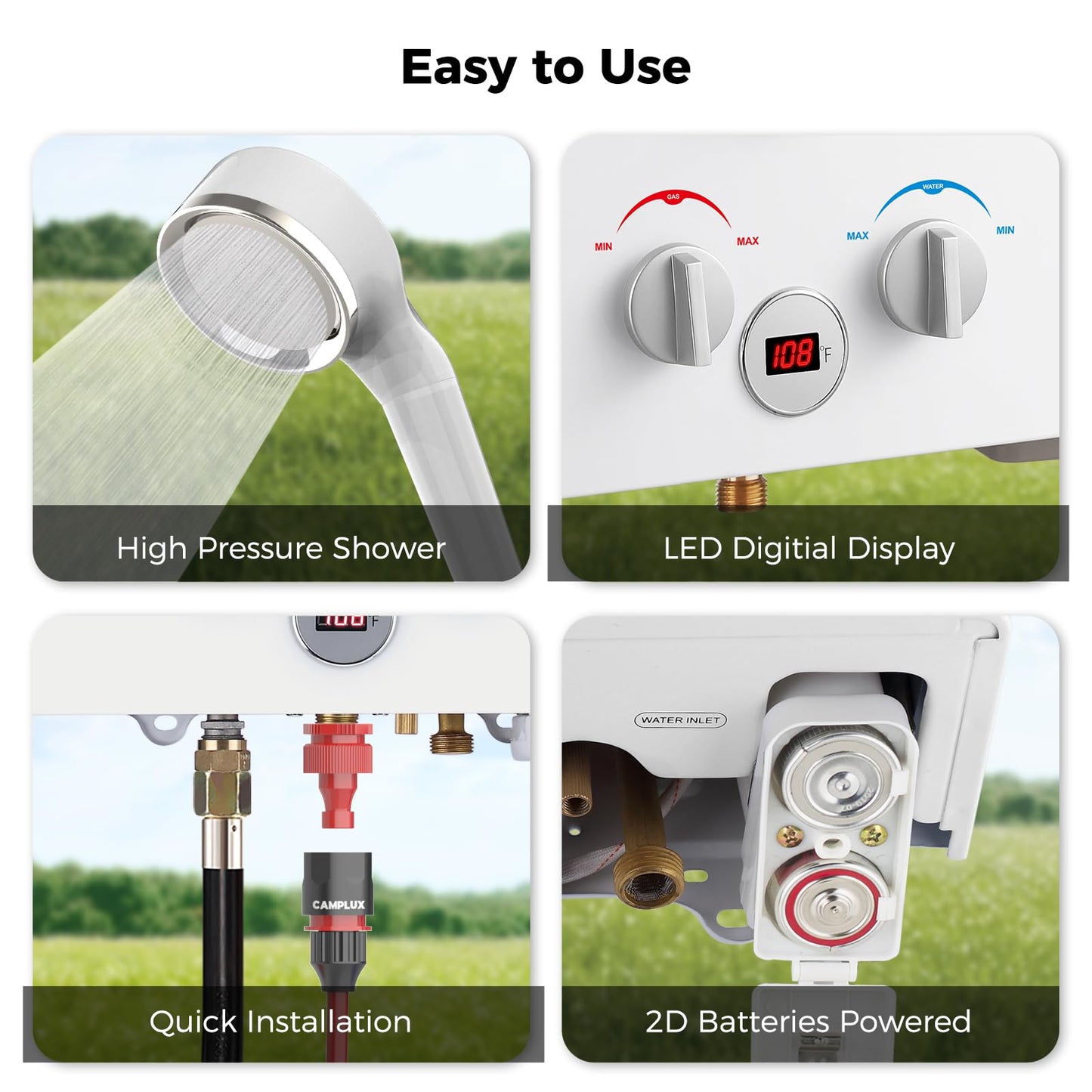 CAMPLUX 4.22GPM Propane Water Heater with 3.3 GPM Water Pump & Pipe Strainer, 110,000BTU Tankless Outdoor Water Heater, BW422P120