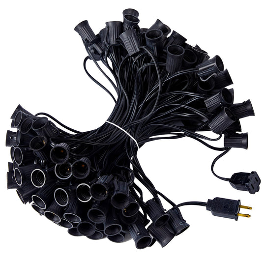 Minetom C9 Stringer Lights, 100 FT Connectable with 100 Sockets, Black Wire, 12in Spacing, Plastic, Outdoor Patio Use