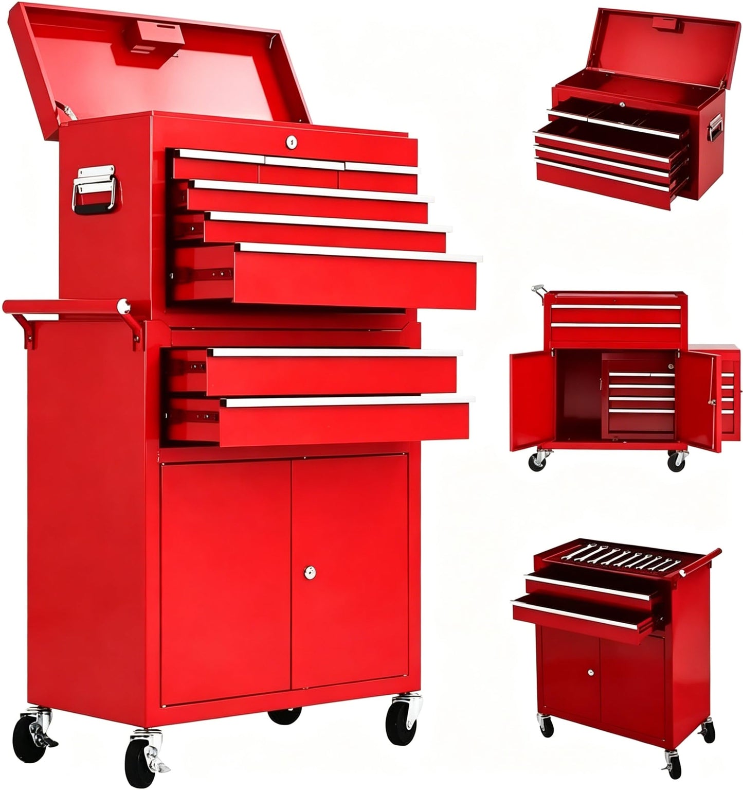 Garvee 8-Drawer Rolling Tool Chest, 2-in-1 High Capacity Tool Storage with Detachable Top Cabinet, Locking System, Wheels and Liners for Garage, Workshop, Red