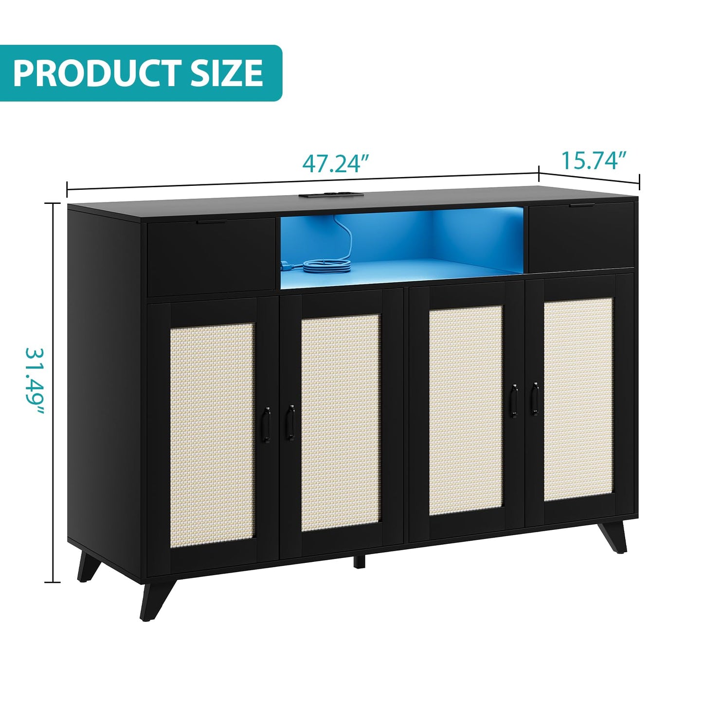 Rattan Sideboard Buffet Cabinet with Power Outlet & LED Lights – 4 Door Accent Storage Cabinet, 2 Drawers Console Table with Adjustable Shelves, Modern Coffee Bar for Living Room, Dining Room, Black