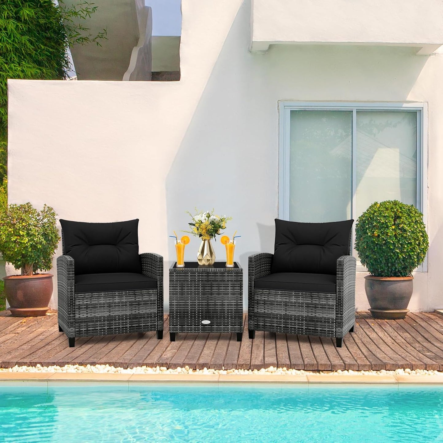 LDAILY Patio Furniture Set, 3 Pieces PE Rattan Wicker Patio Sofa Chairs with Washable Cushion & Glass Table, Outdoor Furniture Conversation Sets for Porch, Balcony, Garden, Poolside (Black)