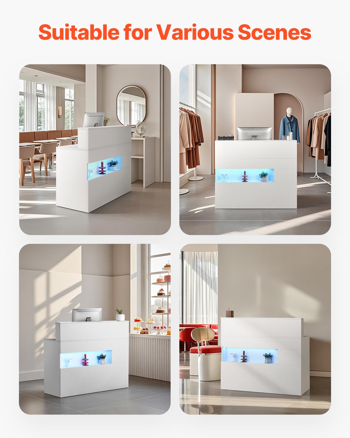 VEVOR Reception Desk, 47 Inch Rectangular Front Counter Table, Office Reception Desk with LED Light, 2 Drawers and Power Outlets, for Checkout, Lobby, Beauty Salon and Office, White