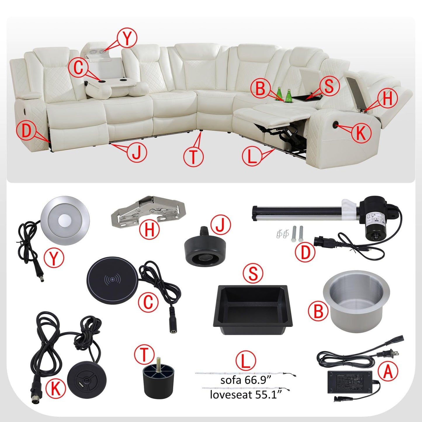 Reclining Sectional, Power Sectional Couch, Leather Sofa Set for Living Room, Comfy Home Theater Seating with USB 2.0 Charging Ports, LED Light Strips, Fold-Down Table & Cupholders (White, 3-Piece)